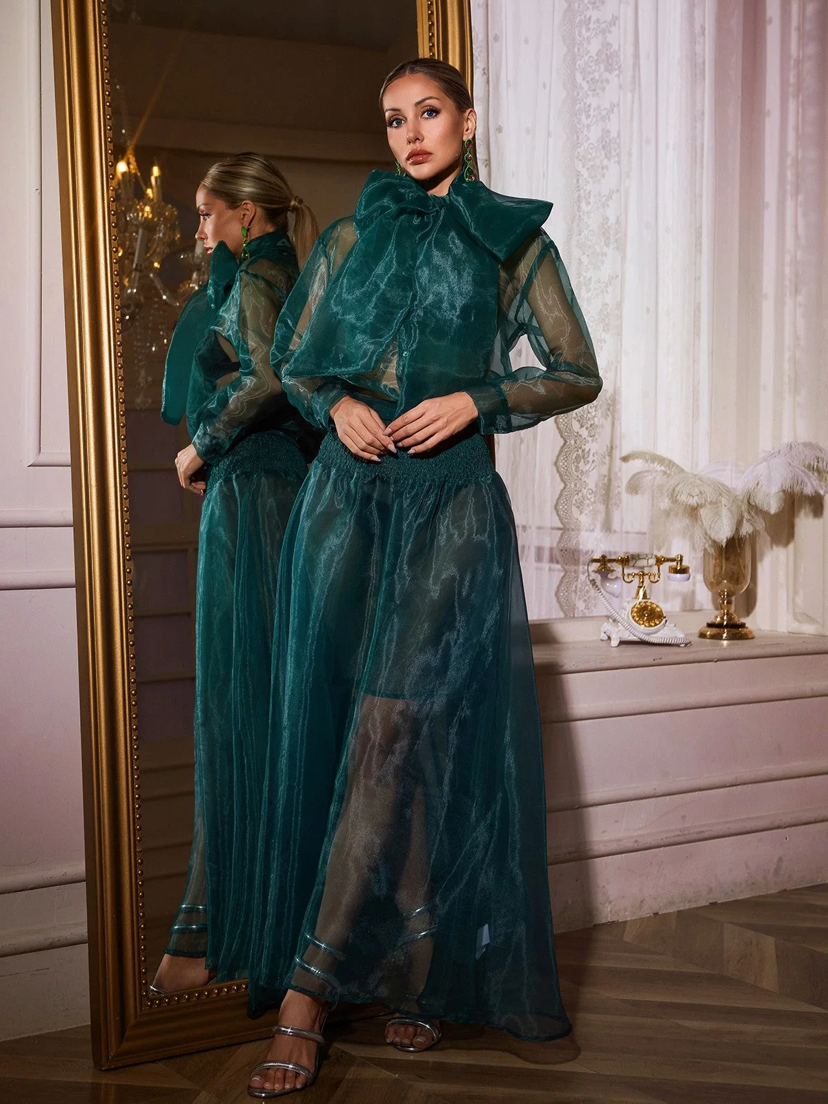 Mesh Skirt Set with Bow Detail Green Tea Dress