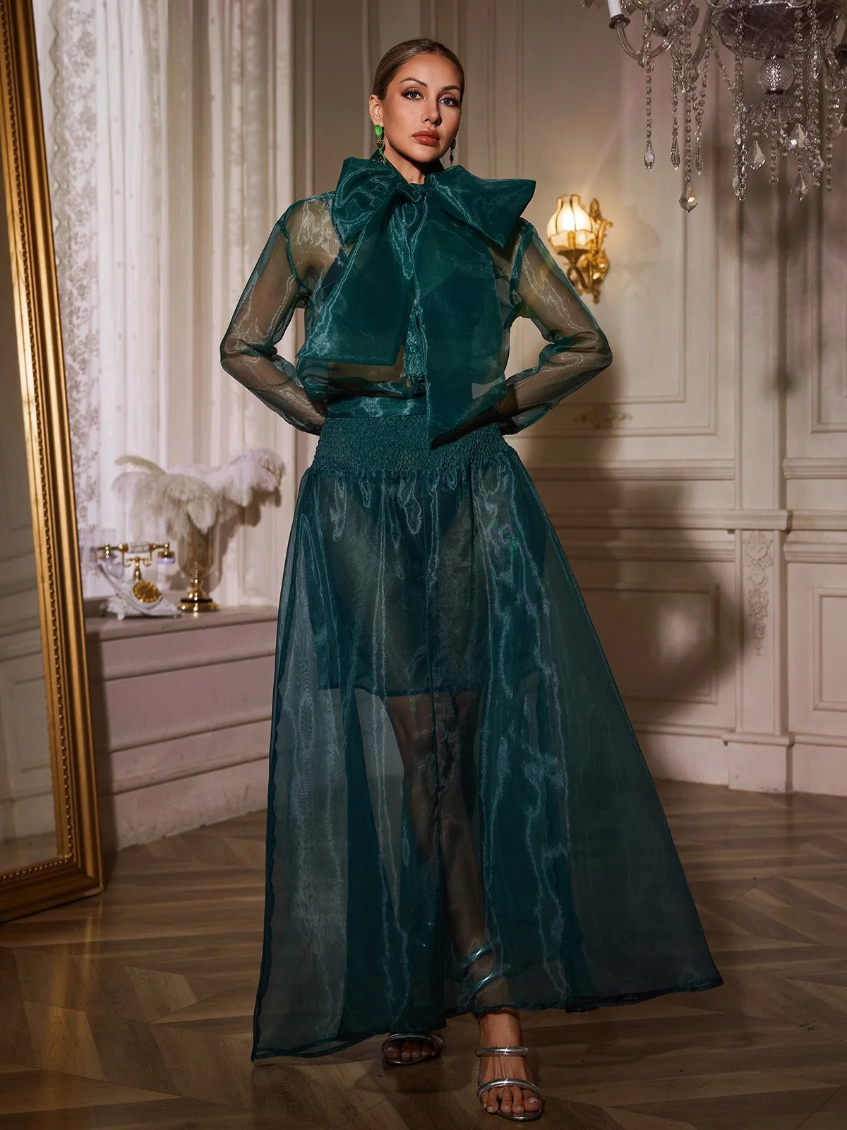 Mesh Skirt Set with Bow Detail Green Tea Dress