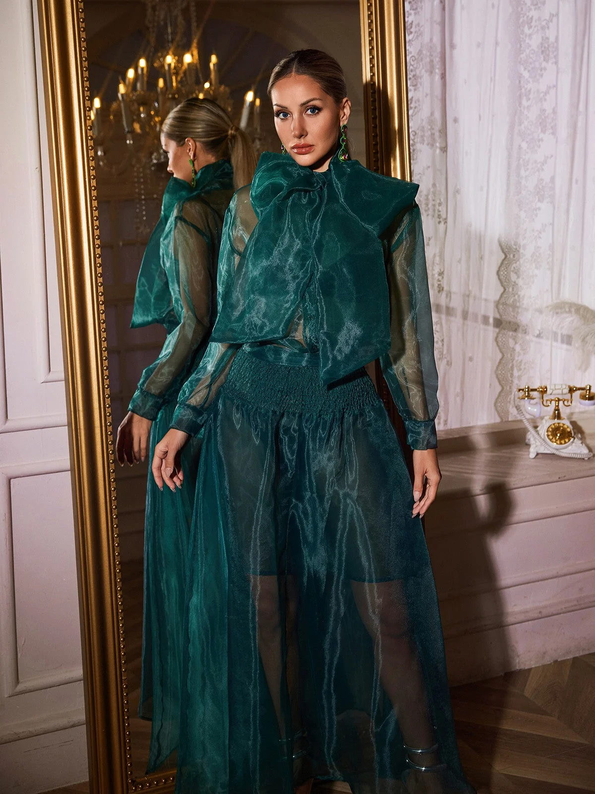 Mesh Skirt Set with Bow Detail Green Tea Dress