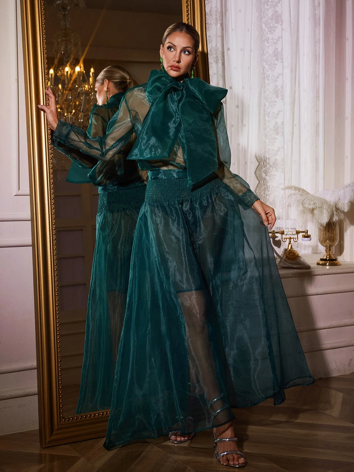 Mesh Skirt Set with Bow Detail Green Tea Dress