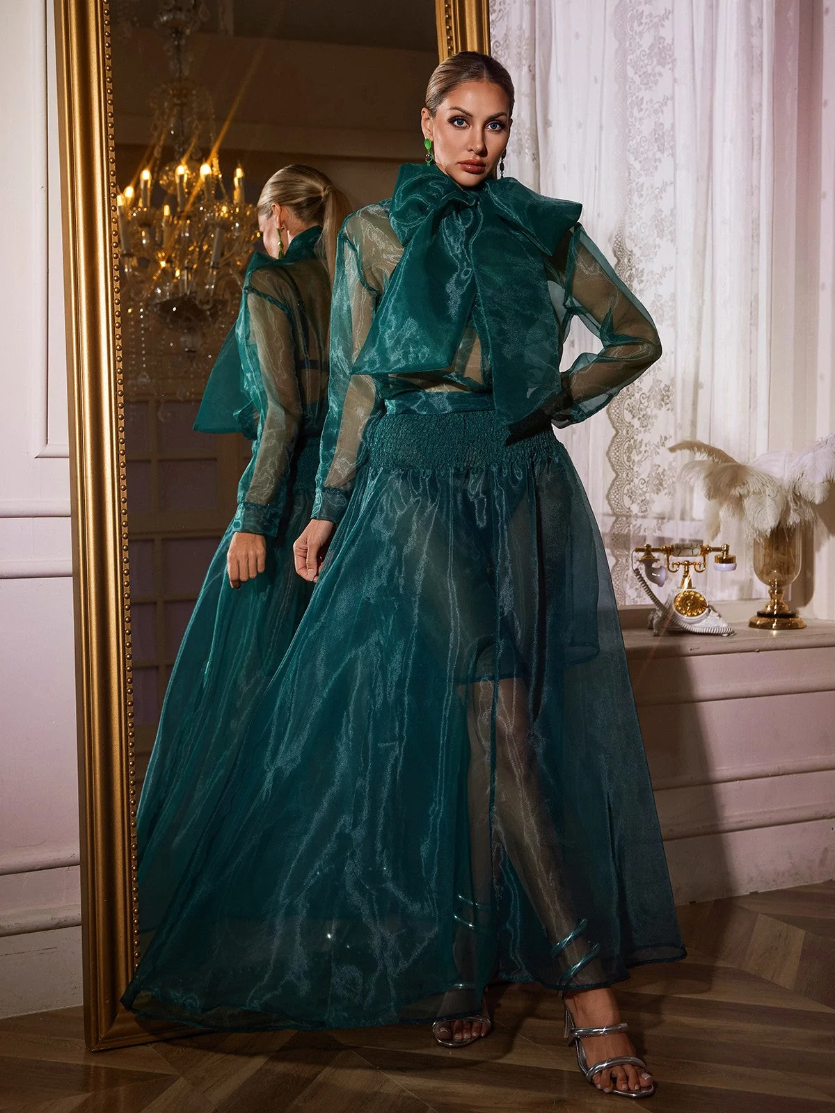 Mesh Skirt Set with Bow Detail Green Tea Dress