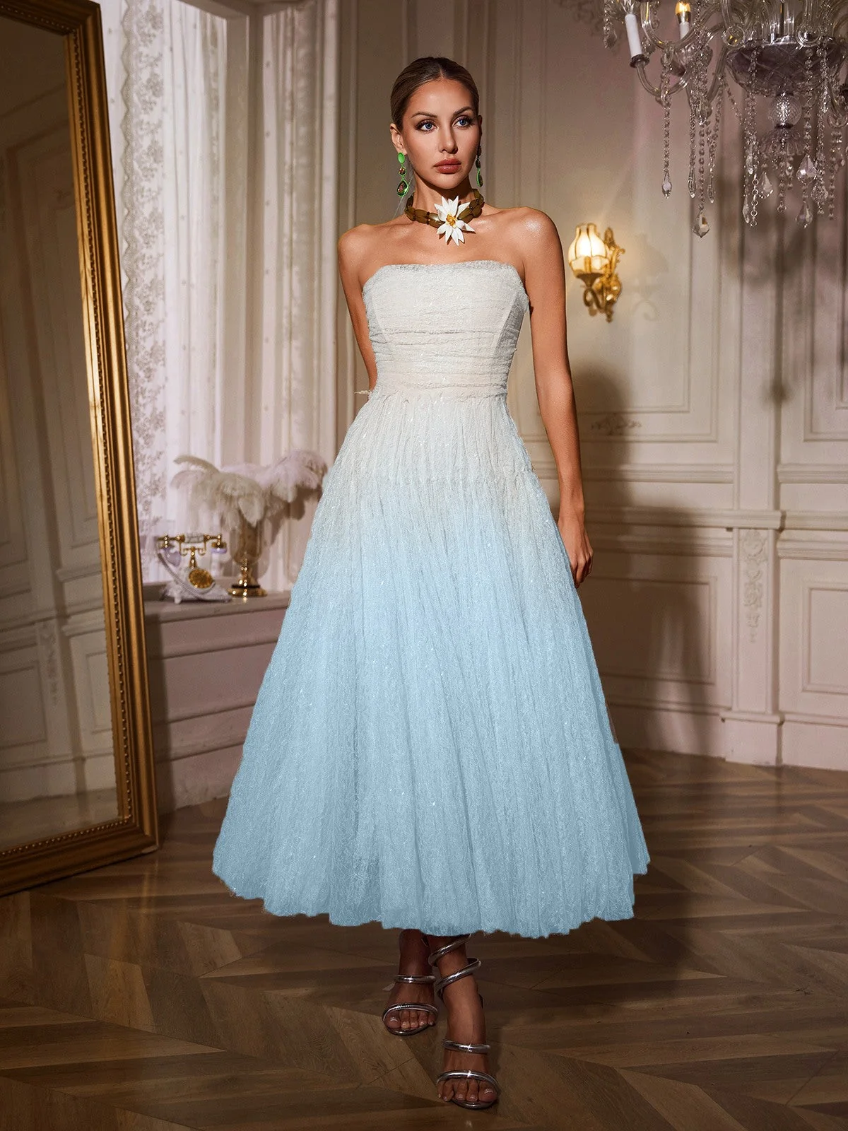 Blue Strapless Ruched Mesh Midi Dress - Elegant Cocktail Wear