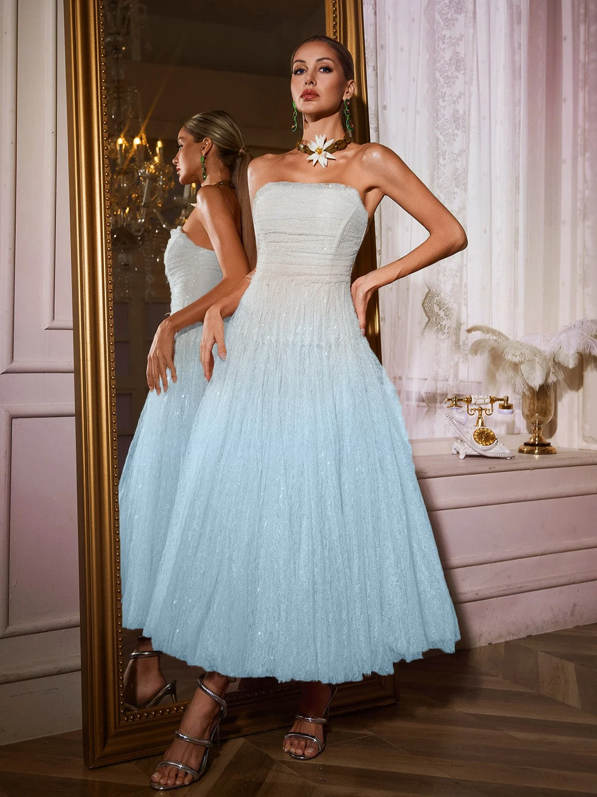 Blue Strapless Ruched Mesh Midi Dress - Elegant Cocktail Wear