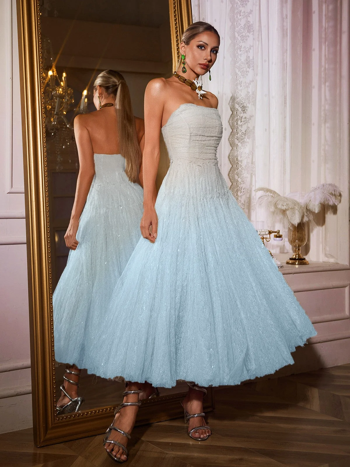 Blue Strapless Ruched Mesh Midi Dress - Elegant Cocktail Wear