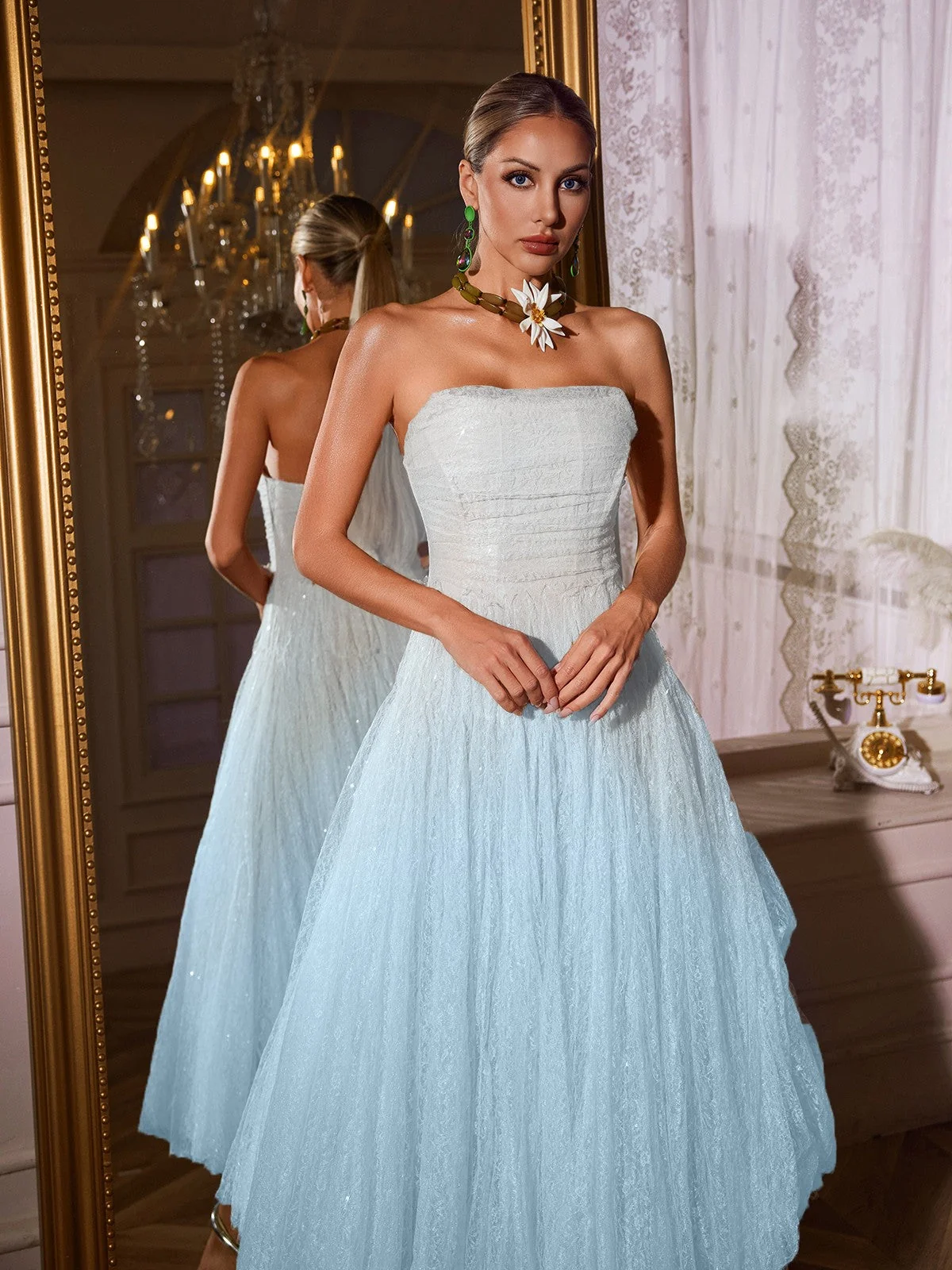 Blue Strapless Ruched Mesh Midi Dress - Elegant Cocktail Wear