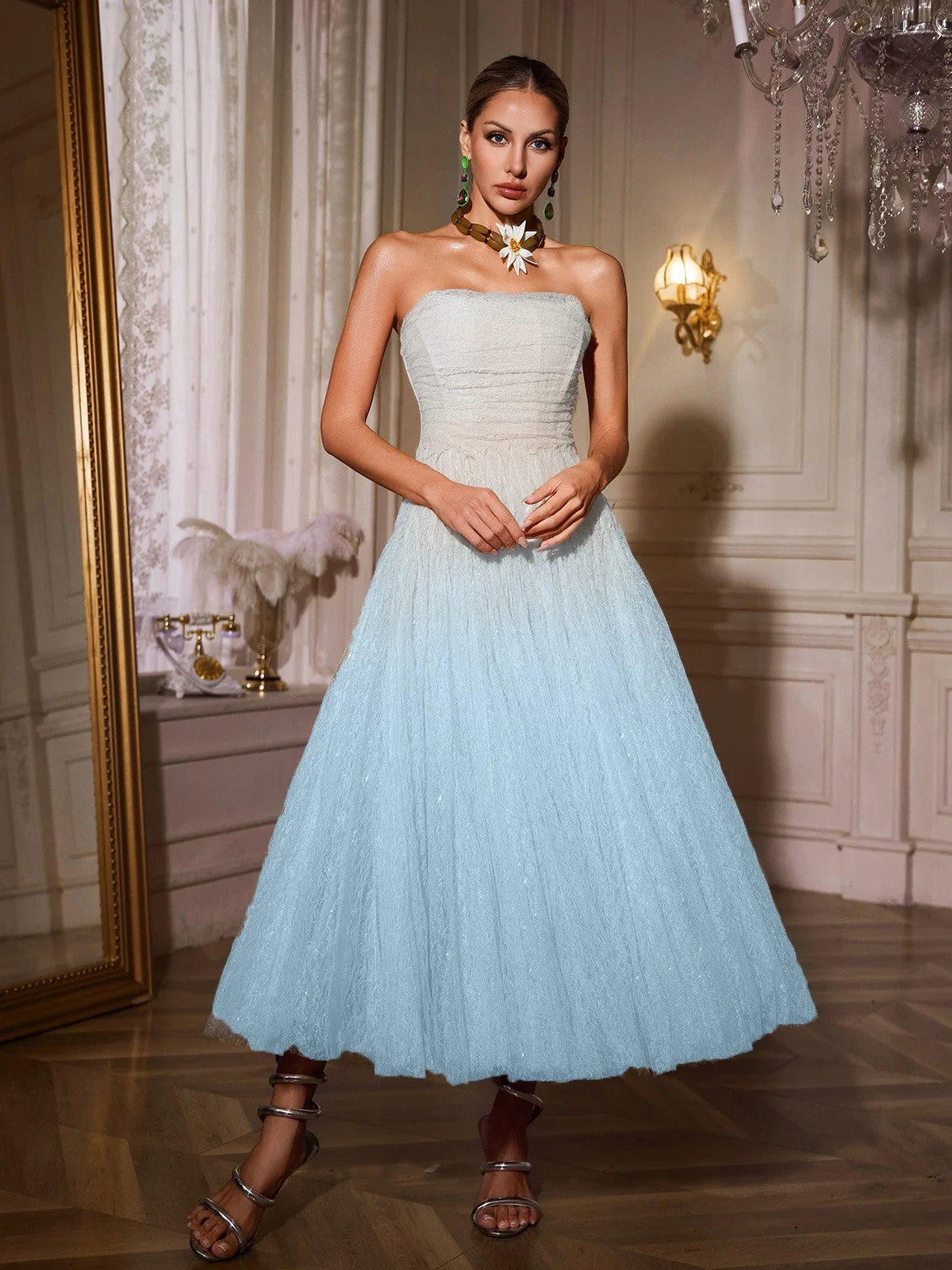 Blue Strapless Ruched Mesh Midi Dress - Elegant Cocktail Wear