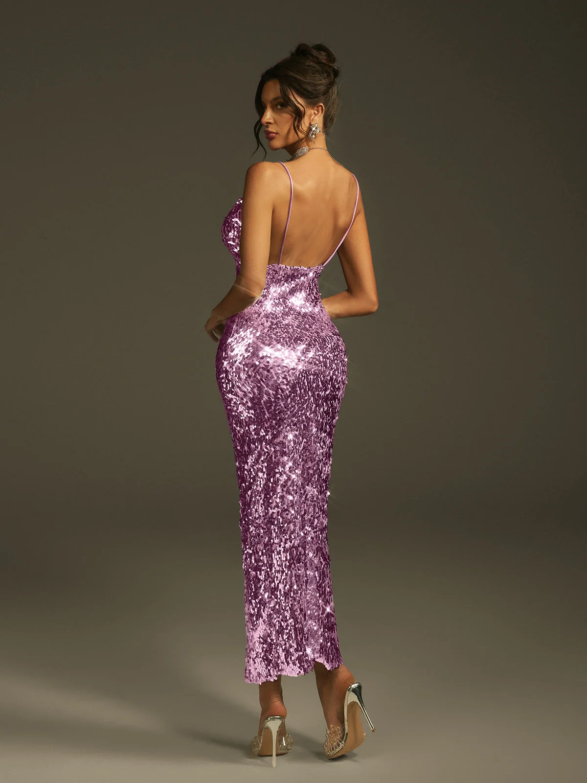 Purple Sequin Spaghetti Strap Midi Dress