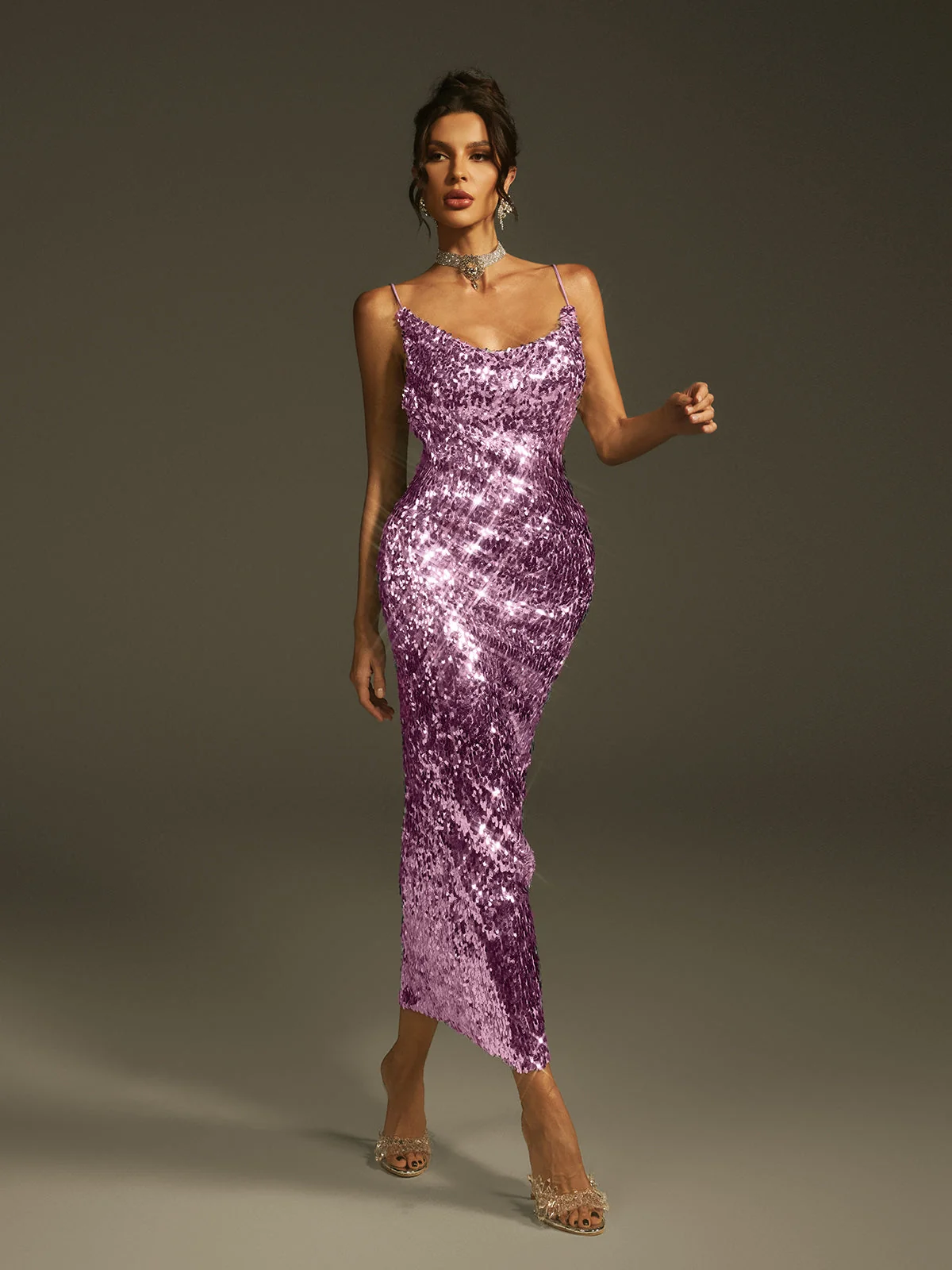 Purple Sequin Spaghetti Strap Midi Dress