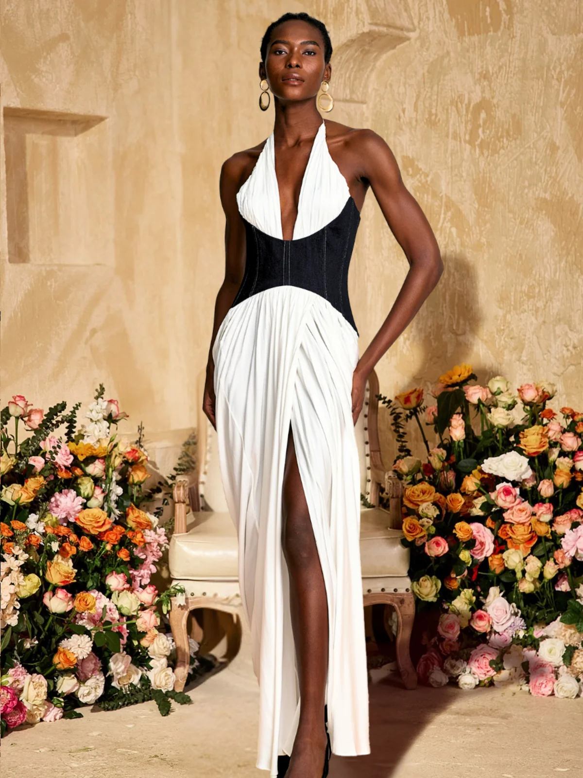 V-Neck Ruched Maxi Dress with Thigh-High Split