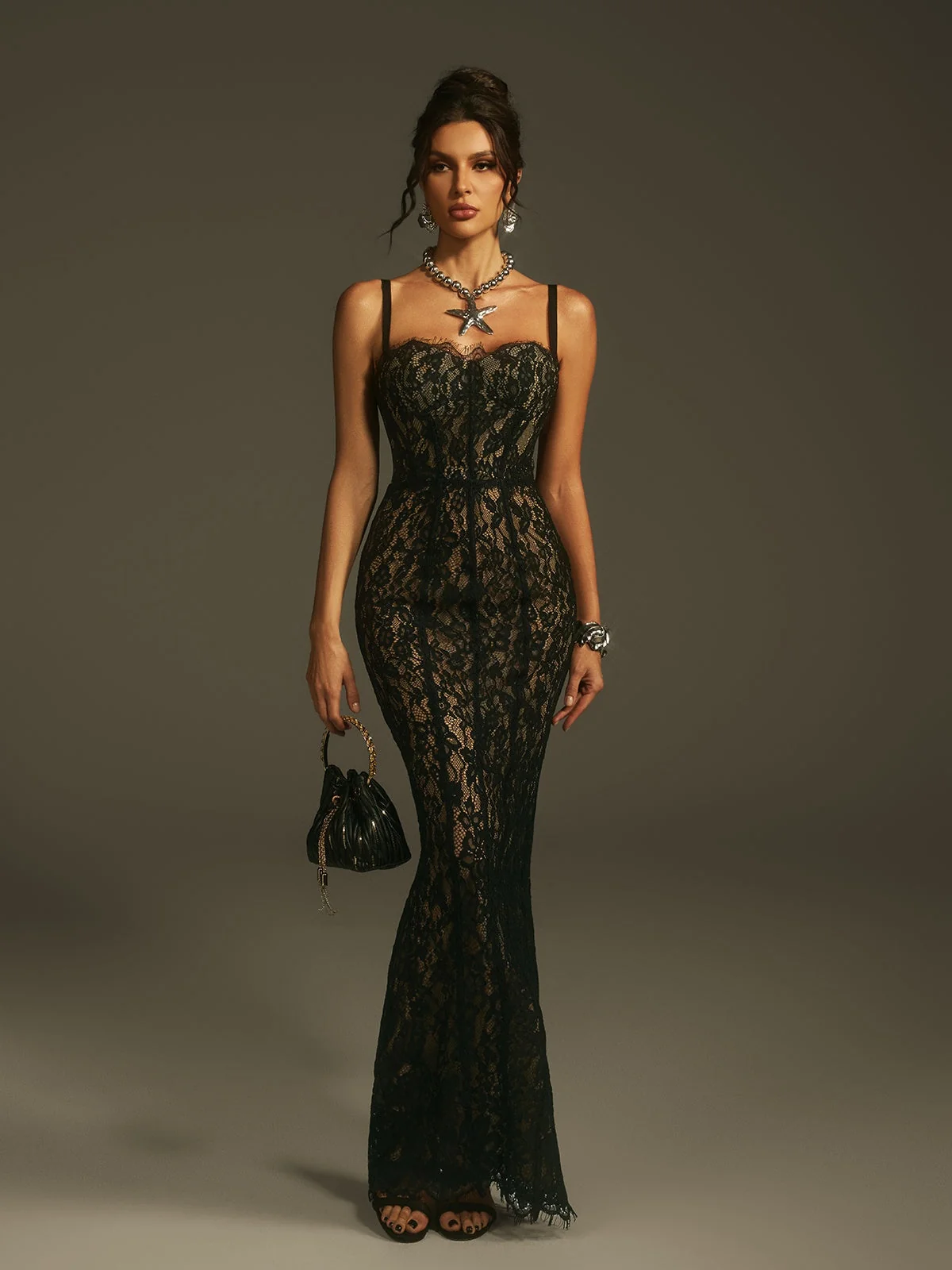 Elegant Black Lace Maxi Dress - Spaghetti Strap Design