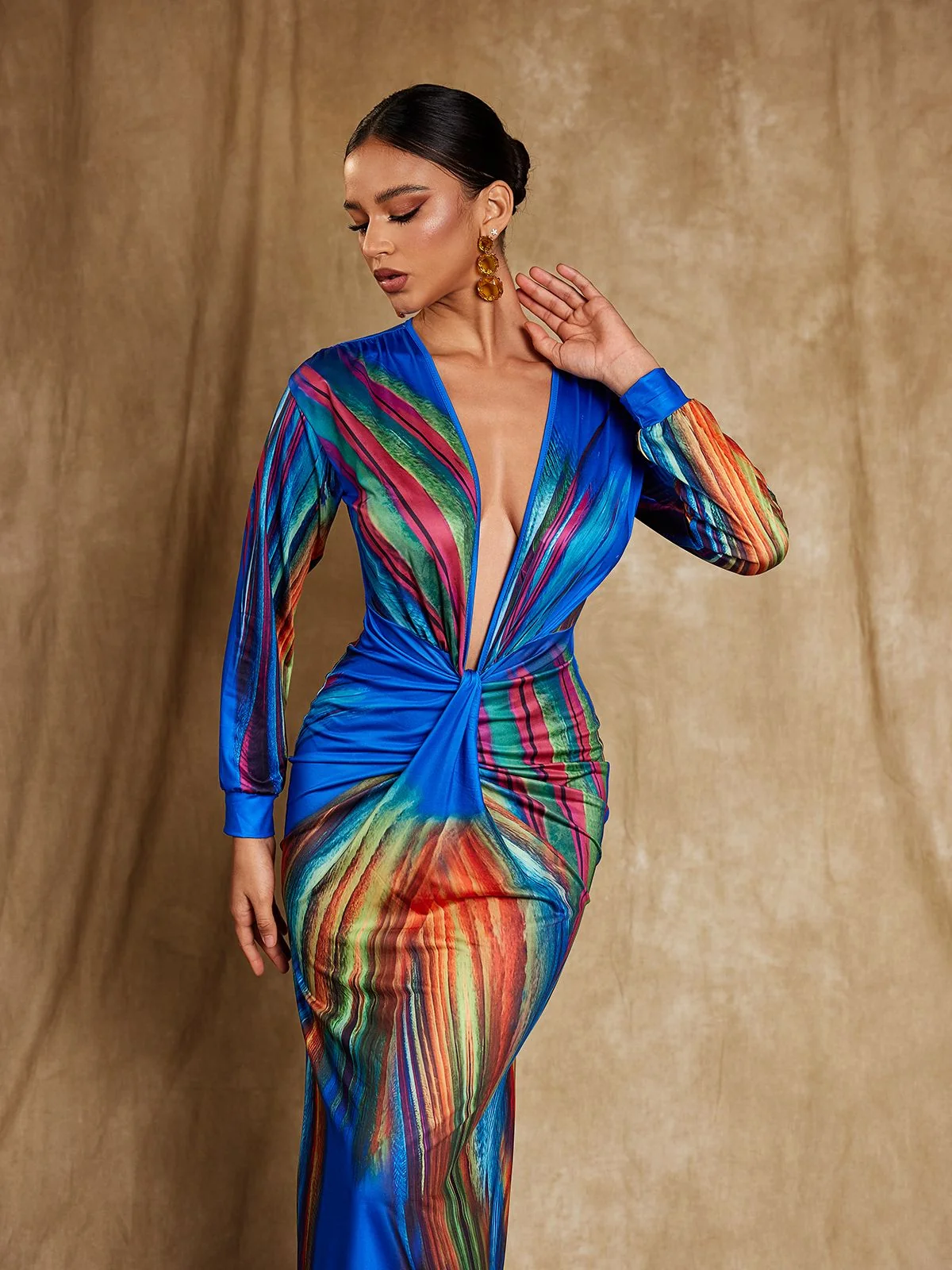 Elegant Satin V-Neck Midi Dress in Blue | Wang Kuan