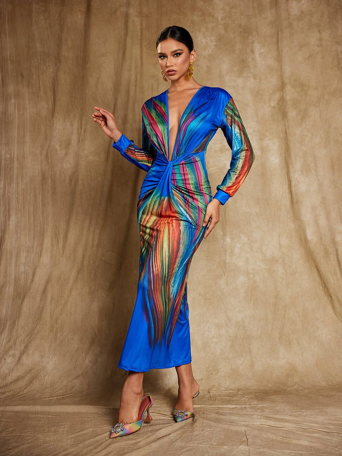 Elegant Satin V-Neck Midi Dress in Blue | Wang Kuan