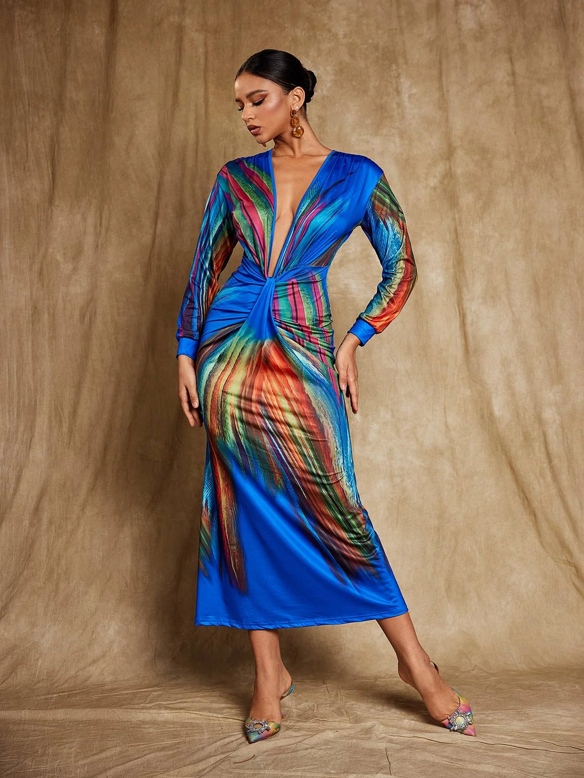 Elegant Satin V-Neck Midi Dress in Blue | Wang Kuan