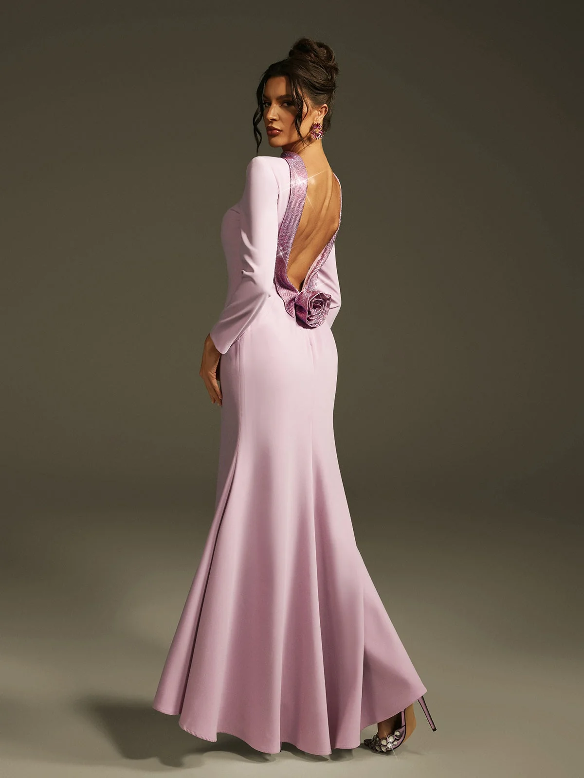 Purple Rhinestone Backless Maxi Dress - Elegant Floral Design