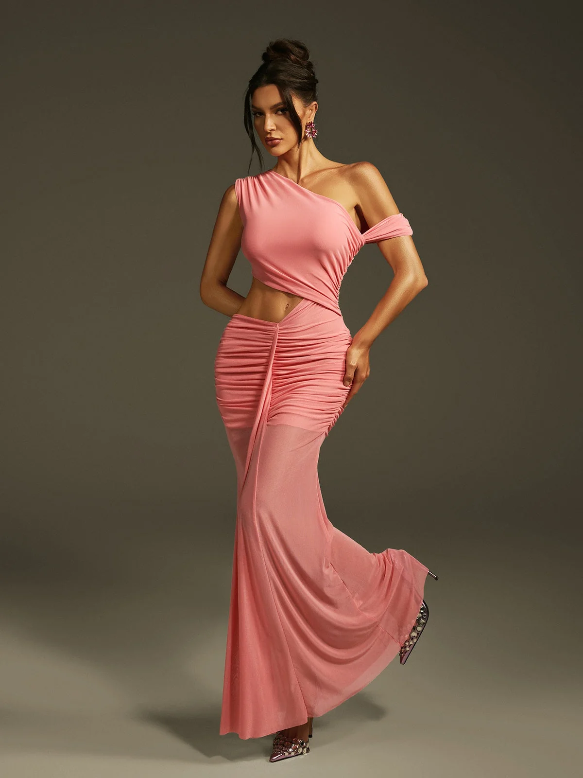 Pink Mesh Ruched Maxi Dress - Elegant Cutout Design