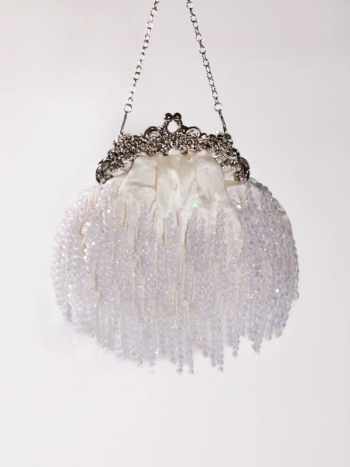 Elegant Beaded White Satin Bag for Special Occasions