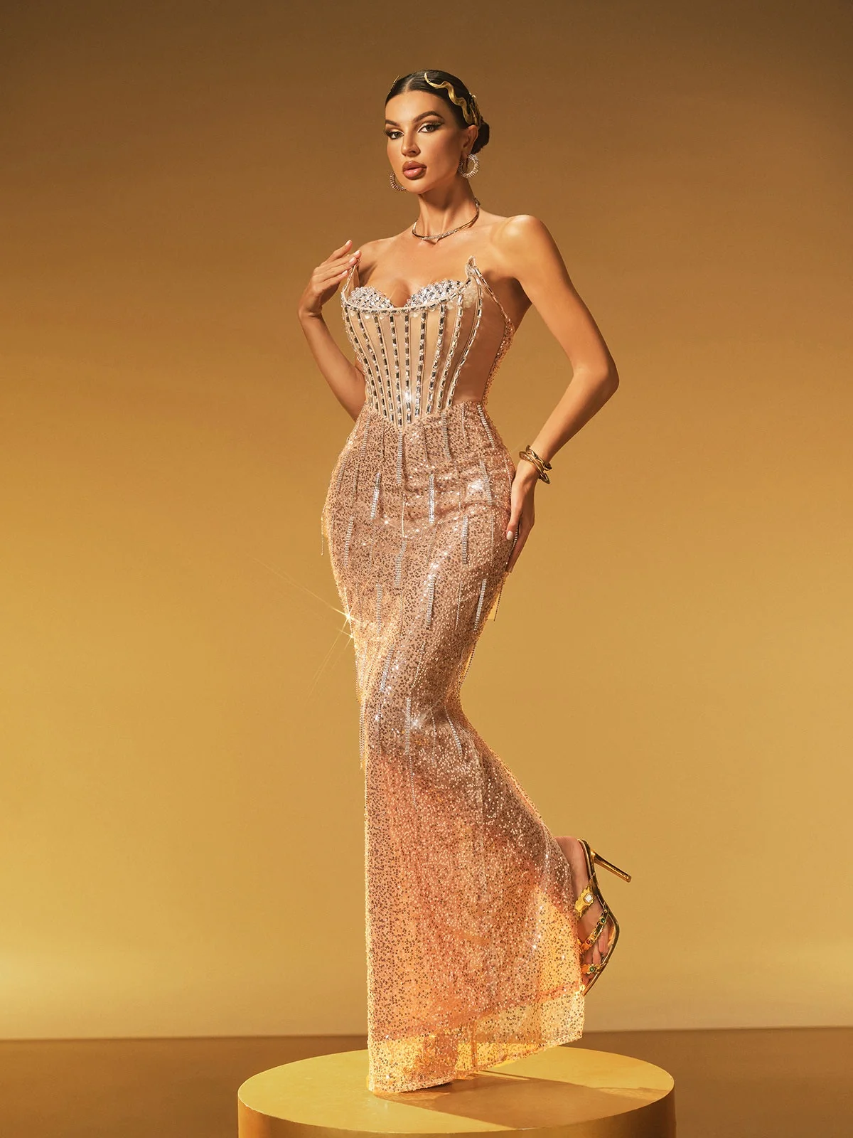 Sequin Fringe Maxi Dress - Elegant Strapless Evening Gown