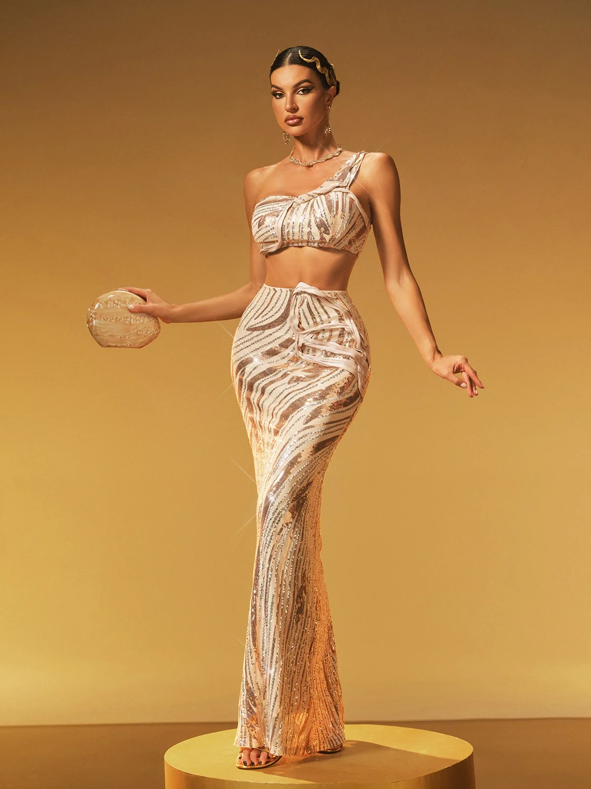 Apricot Sequin One-Shoulder Skirt Set - Glamorous Style