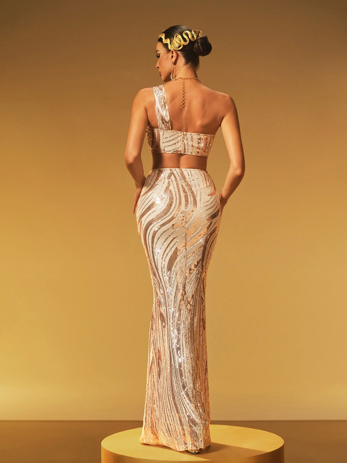 Apricot Sequin One-Shoulder Skirt Set - Glamorous Style