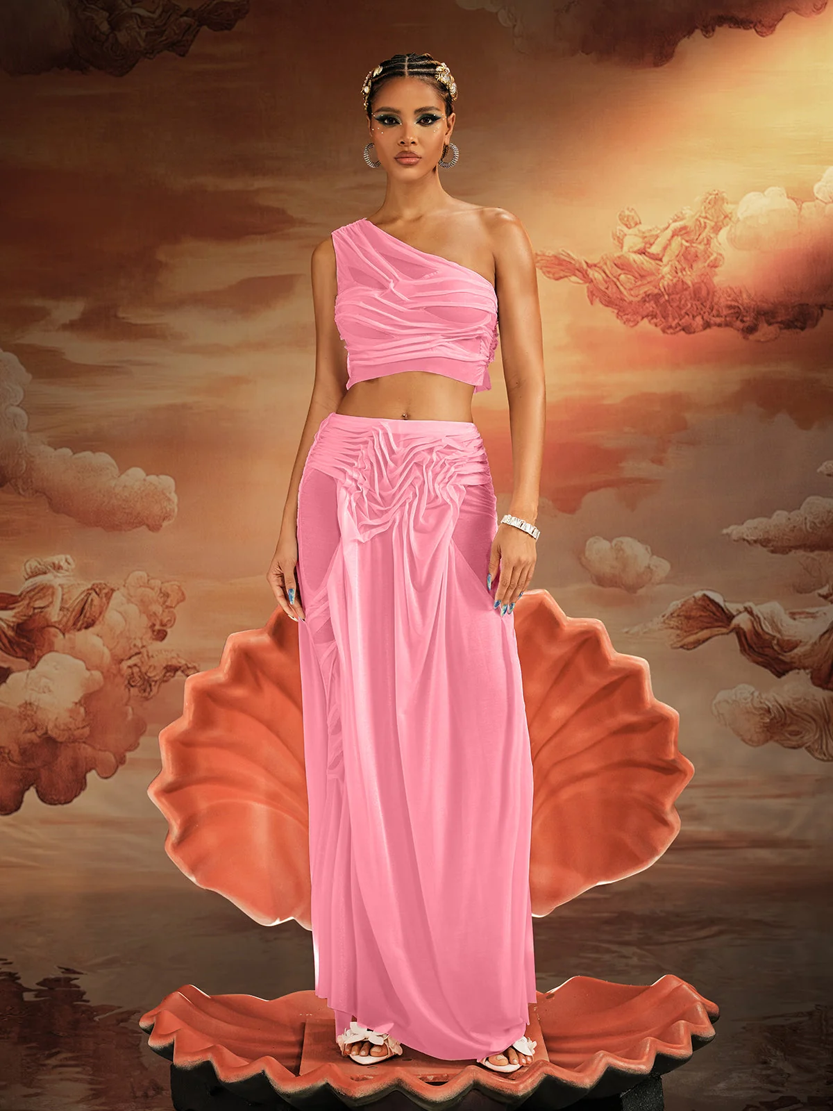 Pink One Shoulder Ruched Skirt Set - Elegant Style