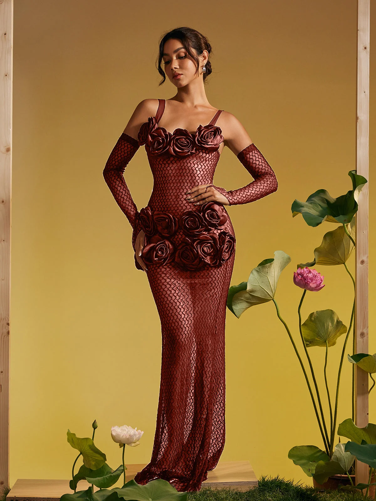 Brown Floral Cutout Maxi Dress - Elegant Spaghetti Strap Design