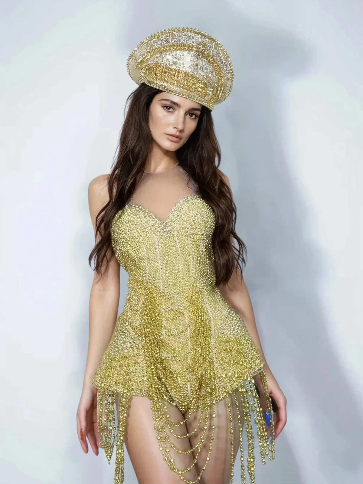 Golden Festive Halterneck Romper - Elegant Beaded Style