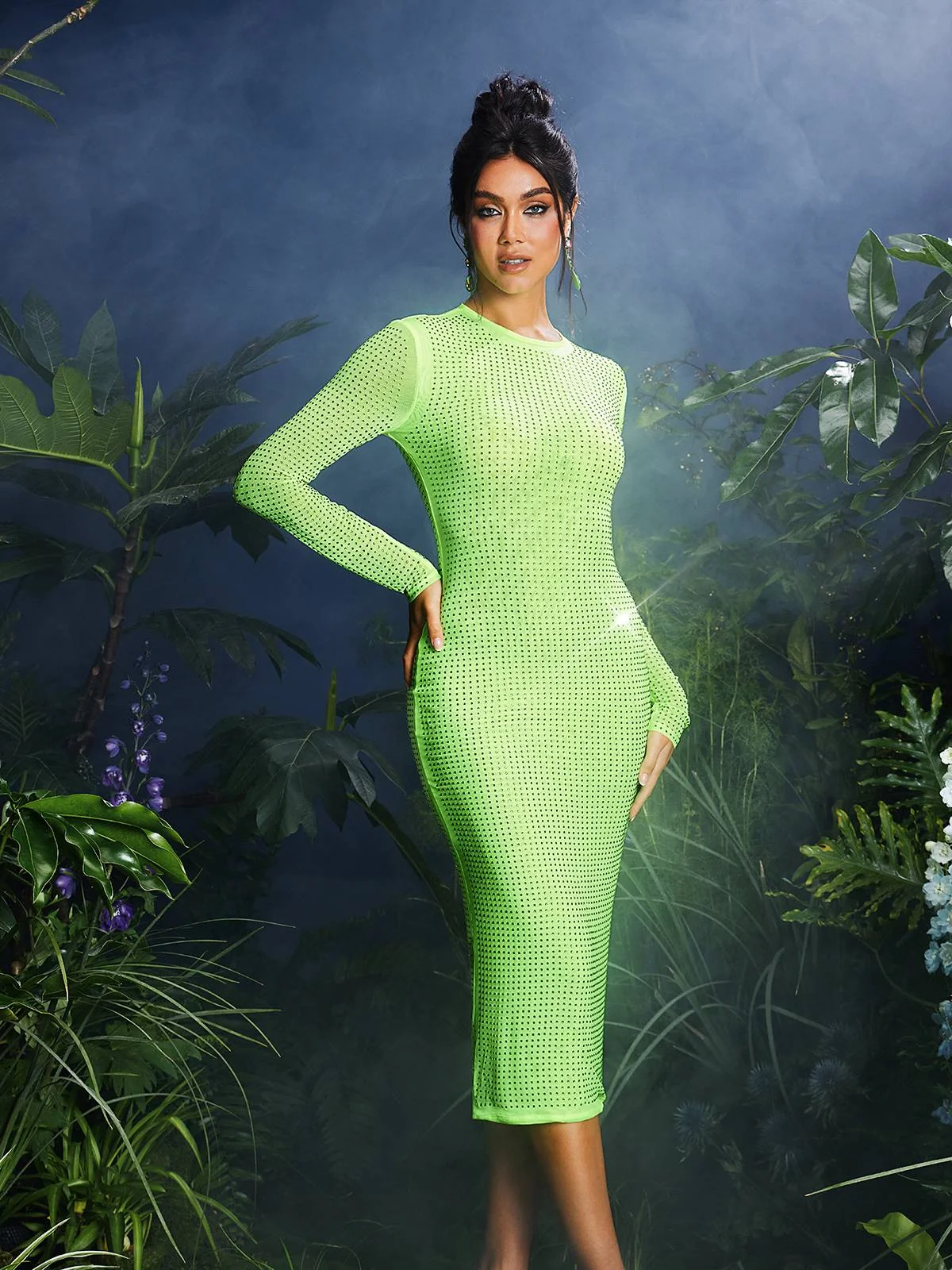 Green Crystal Embellished Midi Dress with Stretch Fit