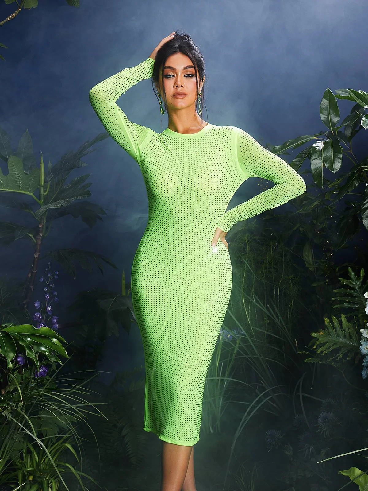 Green Crystal Embellished Midi Dress with Stretch Fit