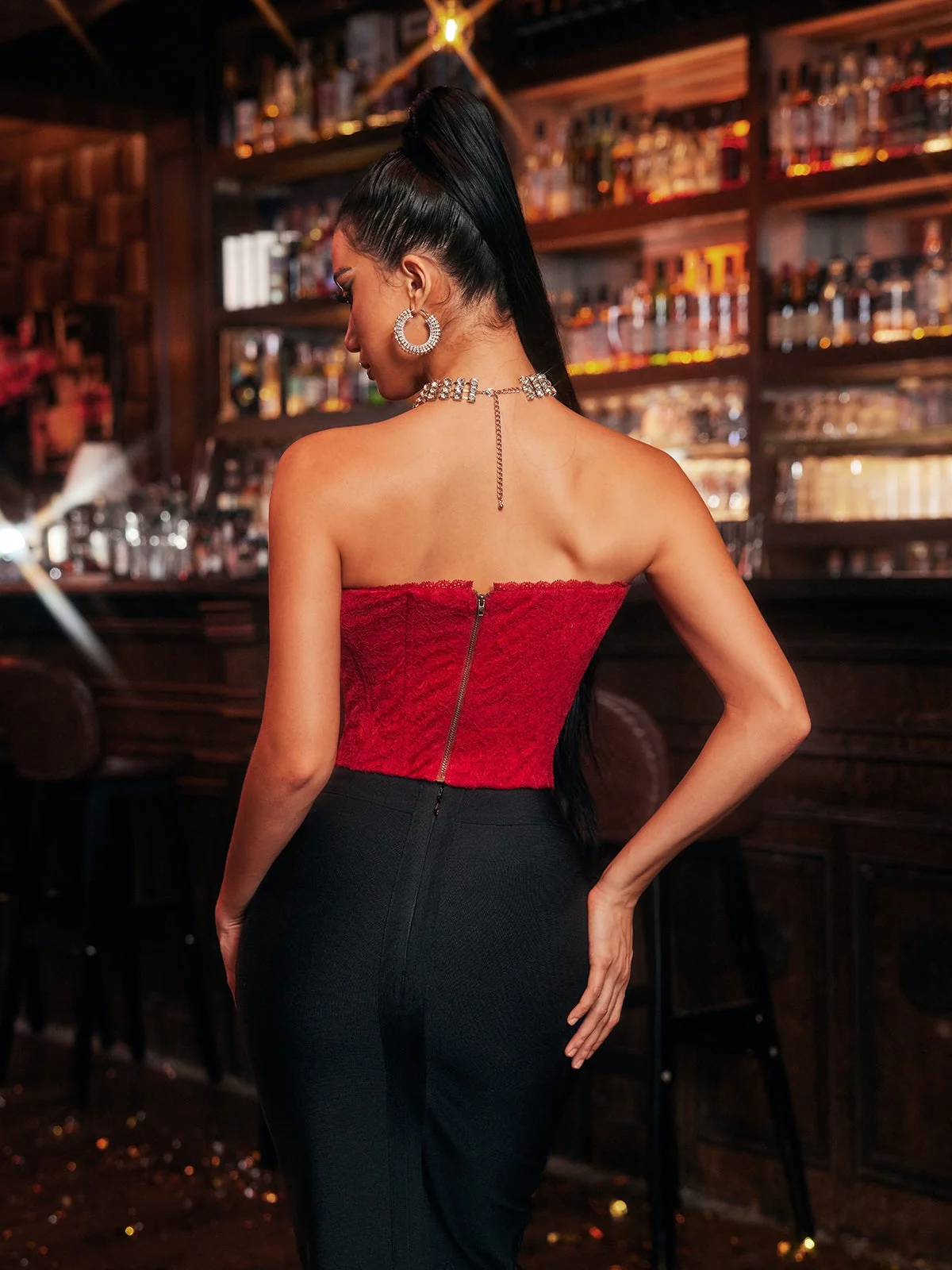 Heart Lace Crystal Strapless Top in Red Polyester