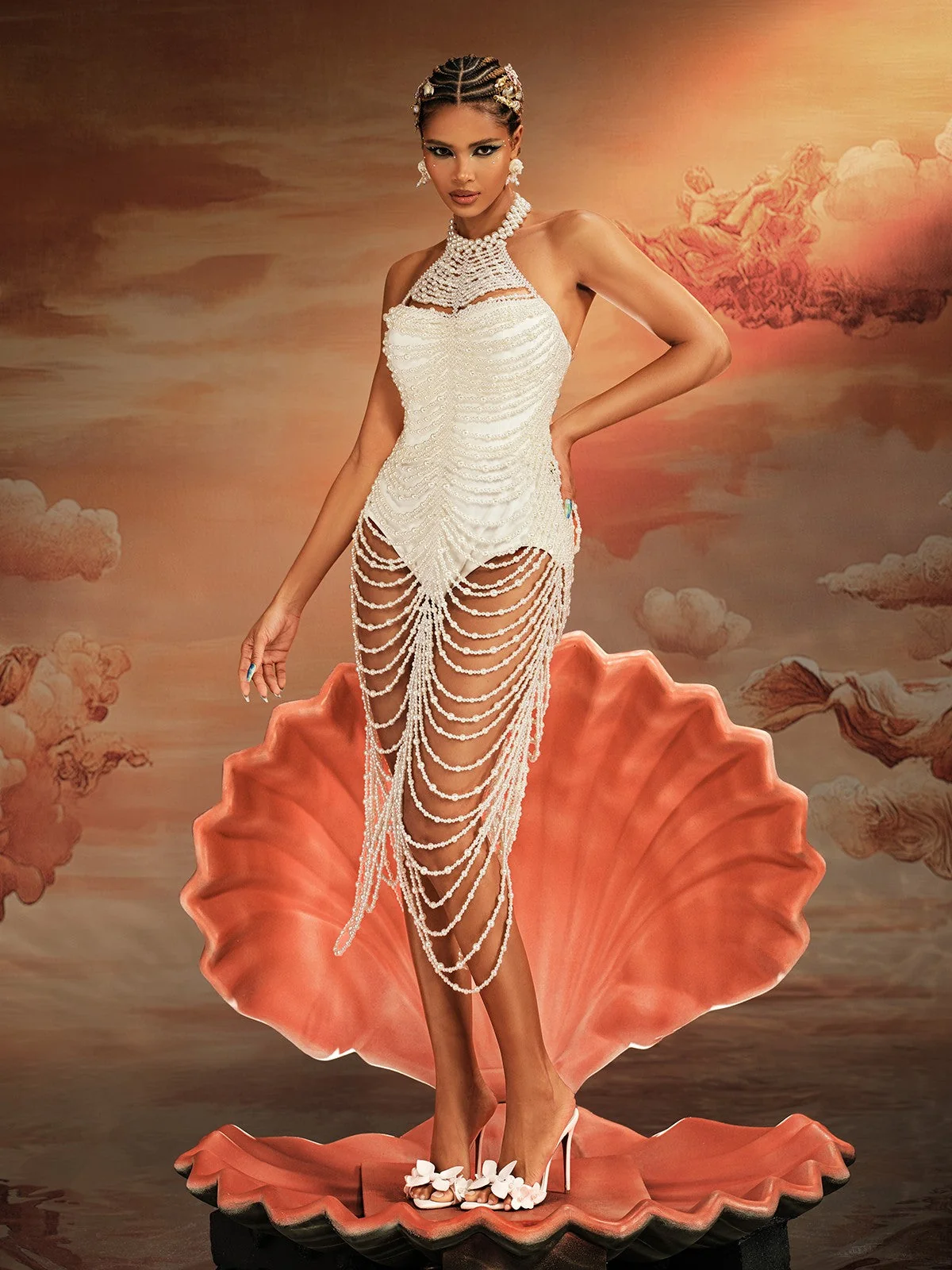 Elegant Pearl Fringe Halter Maxi Dress