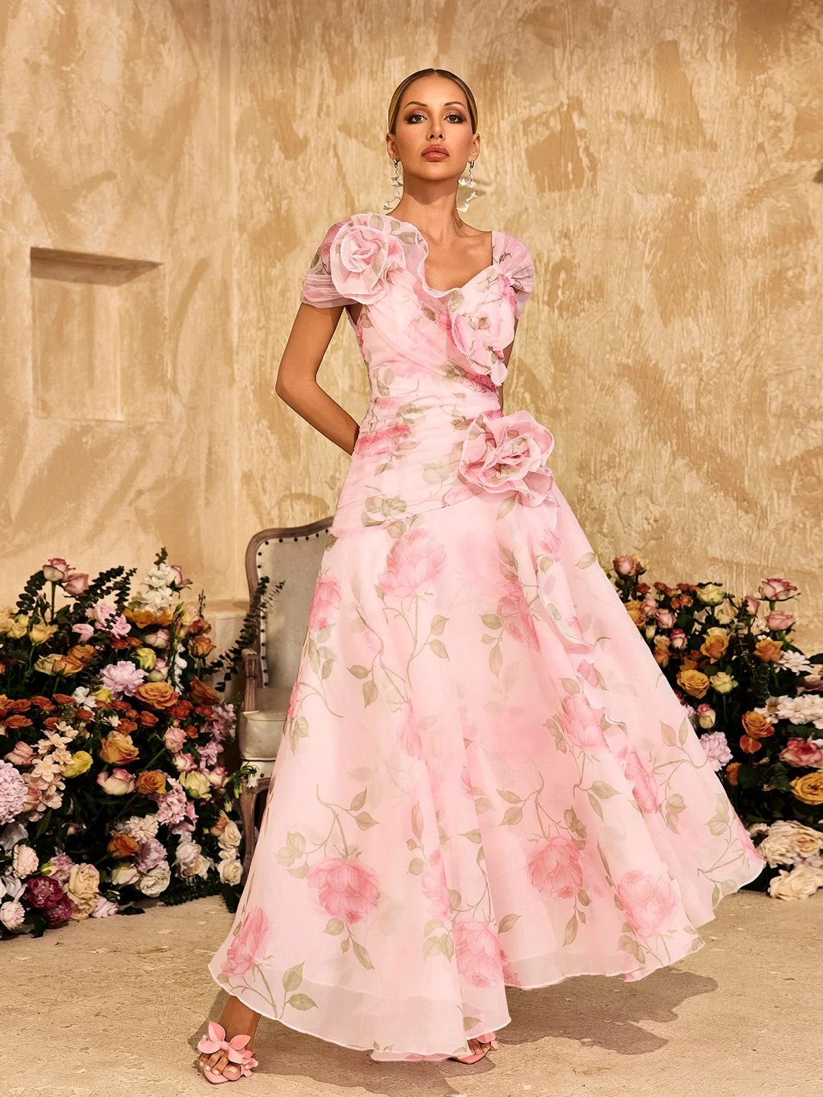 Pink Floral Mesh Maxi Dress - Elegant Alayja Flower Print