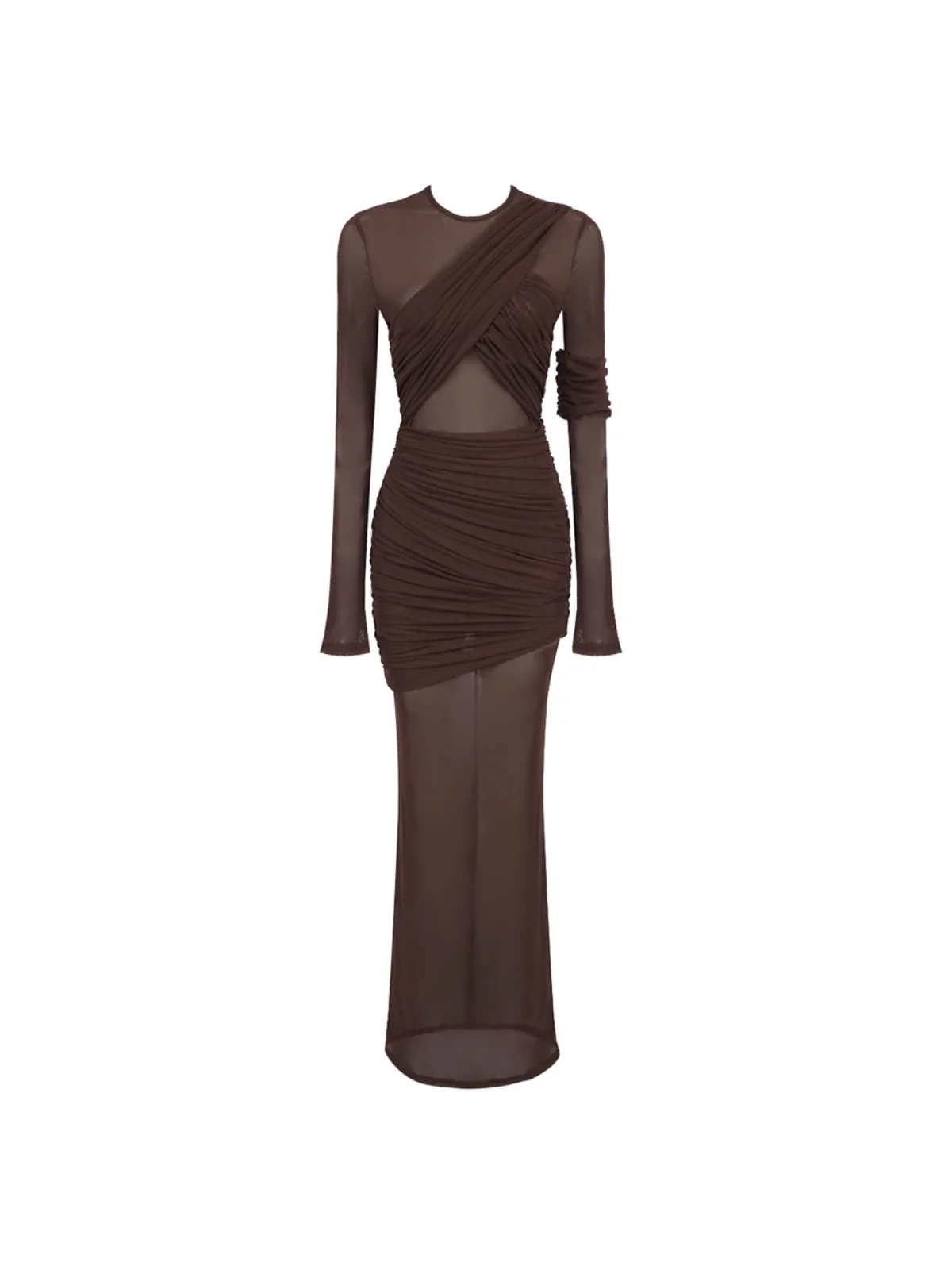 Coffee Ruched Mesh Maxi Dress with Long Sleeves