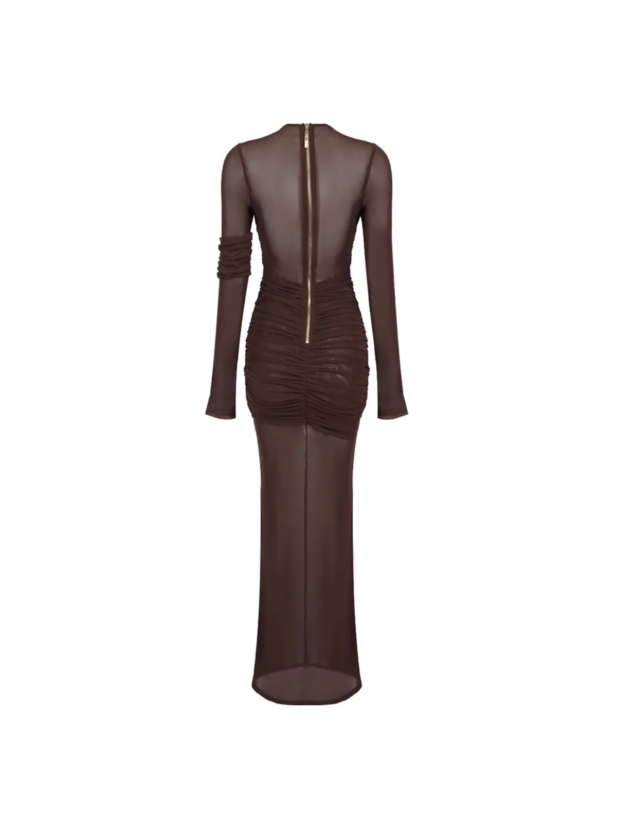 Coffee Ruched Mesh Maxi Dress with Long Sleeves
