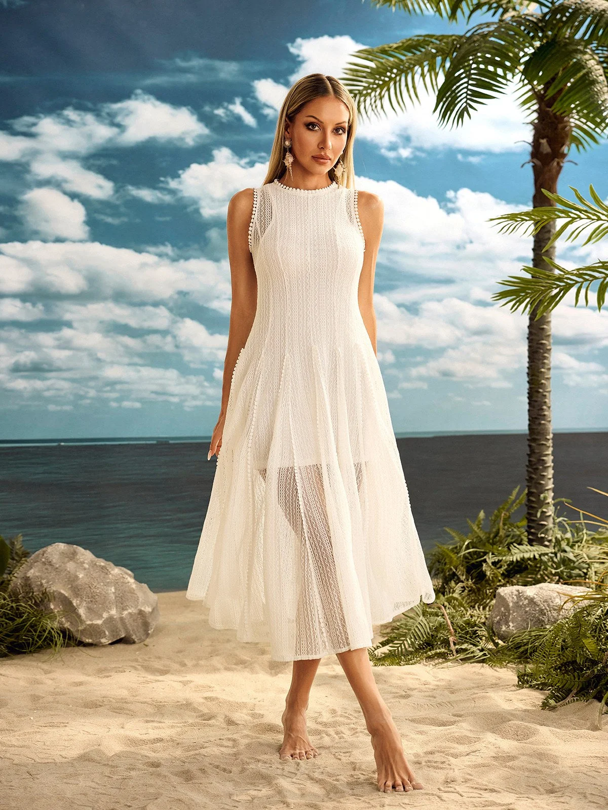 White Knitted Sleeveless Midi Dress - Elegant and Comfortable