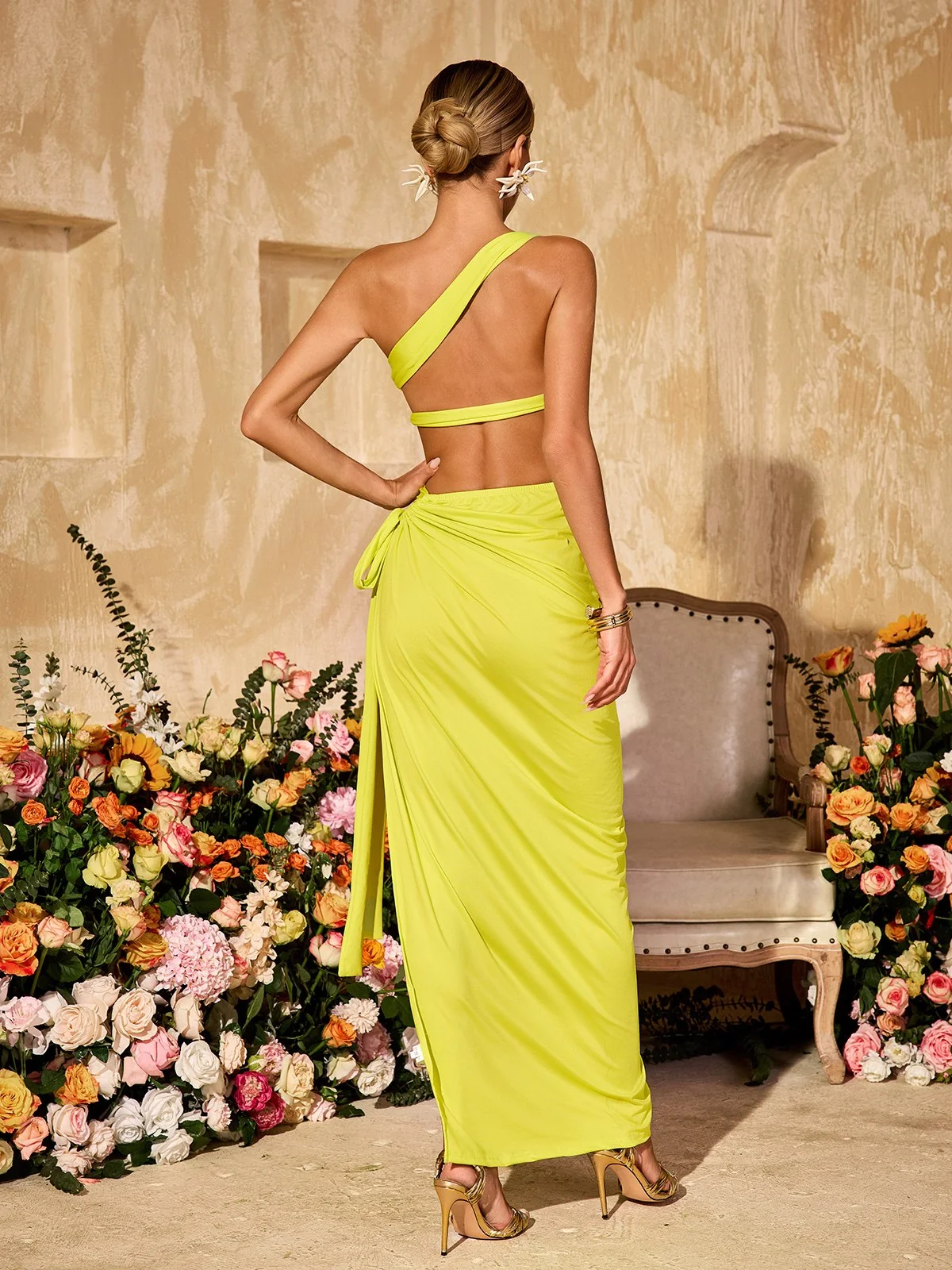 One-Shoulder Split Skirt Set in Yellow - Elegant Wang Kuan Ensemble