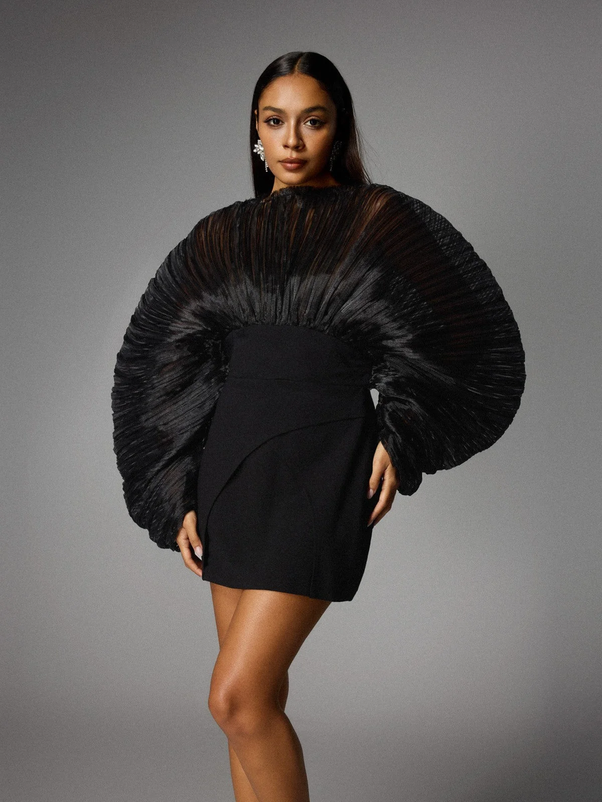 Chic Black Balloon Sleeve Mesh Dress