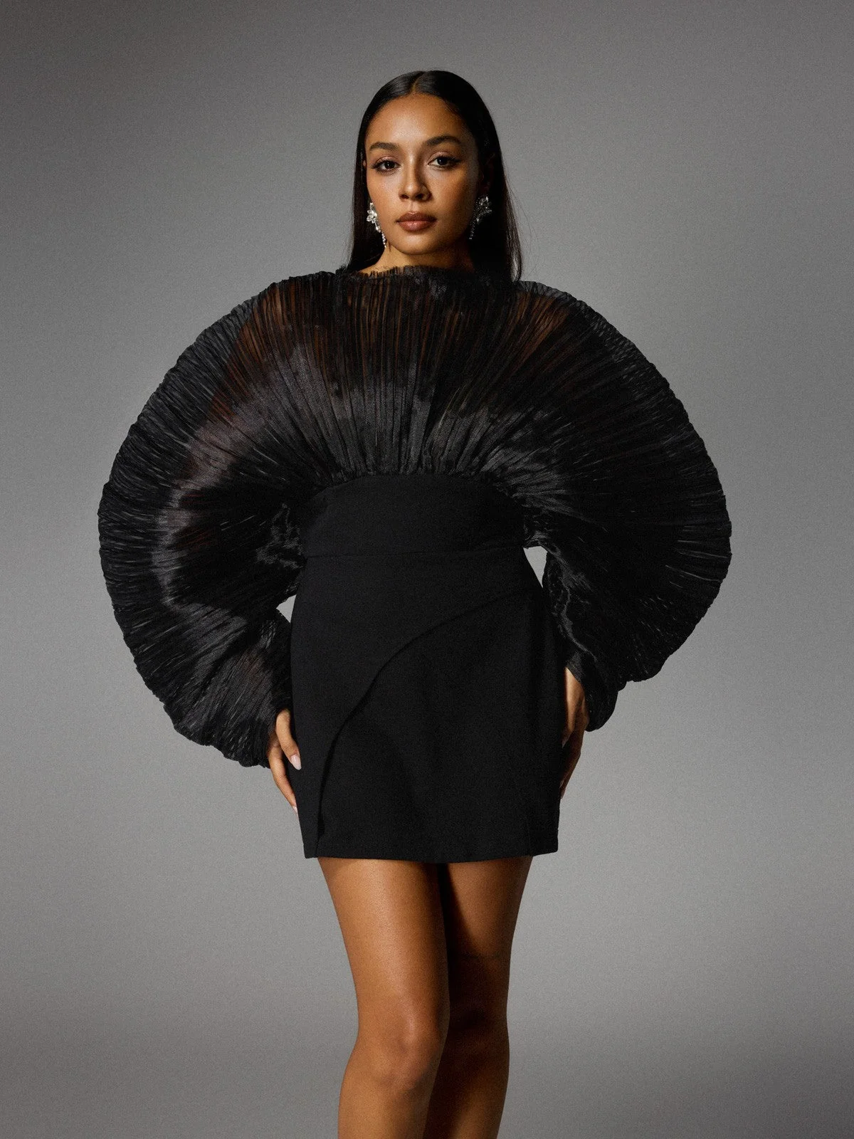 Chic Black Balloon Sleeve Mesh Dress