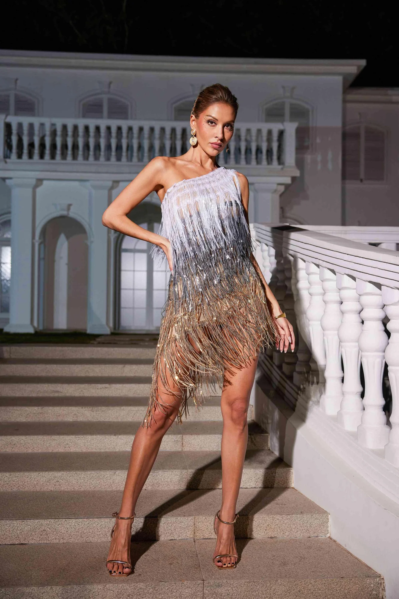 Fringe Sequin One Shoulder Dress Gold Patchwork