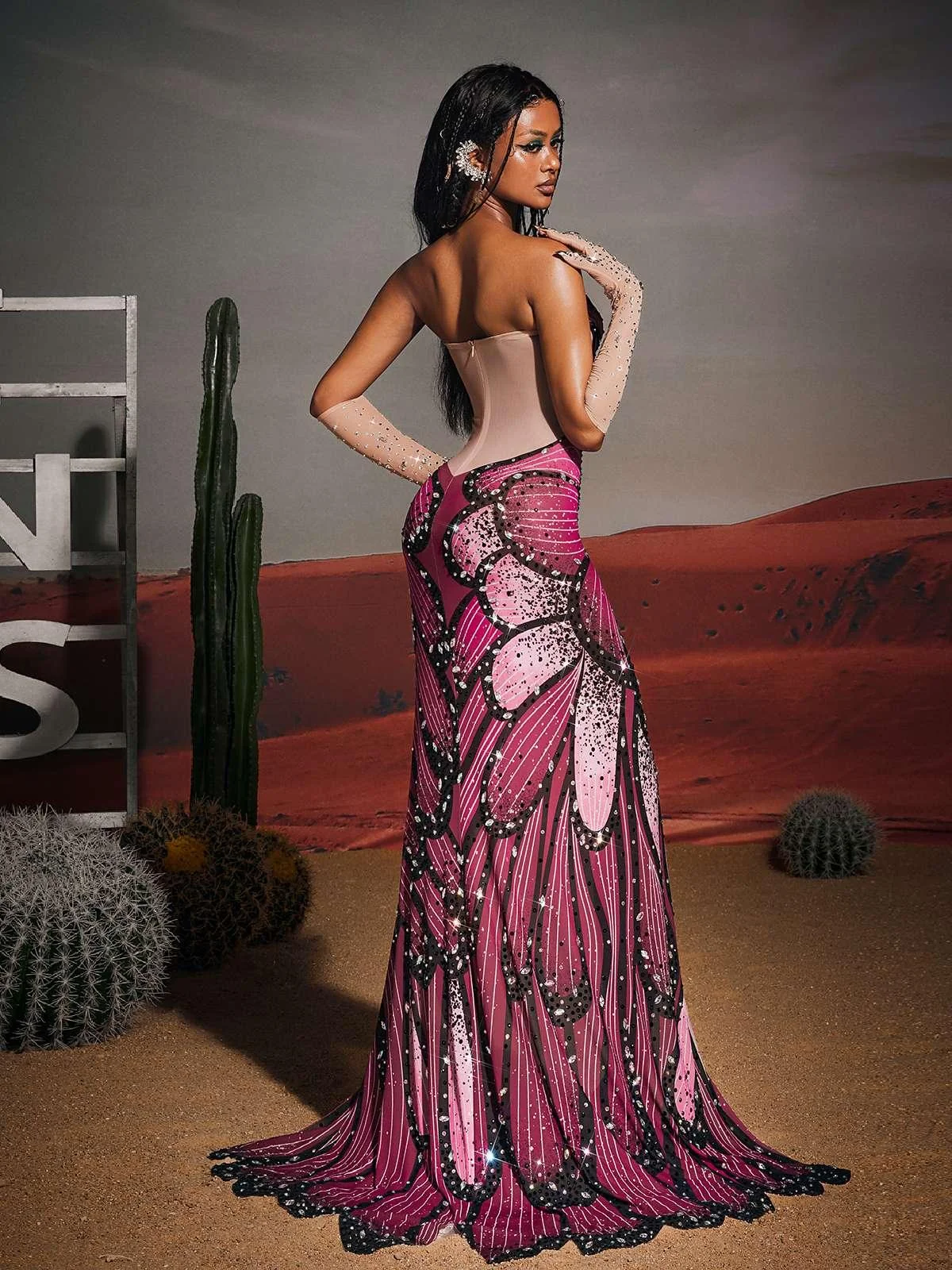 Pink Rhinestone Embellished Split Maxi Dress