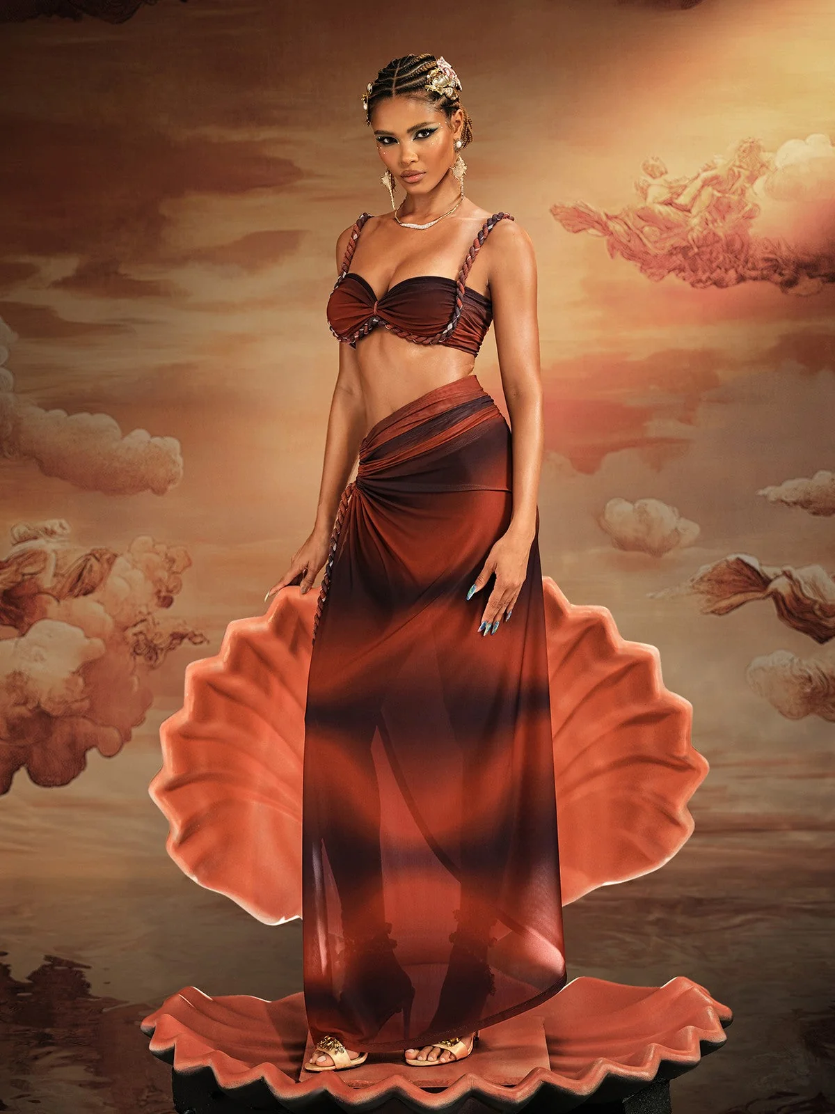 Ruched Spaghetti Strap Skirt Set in Brown Print