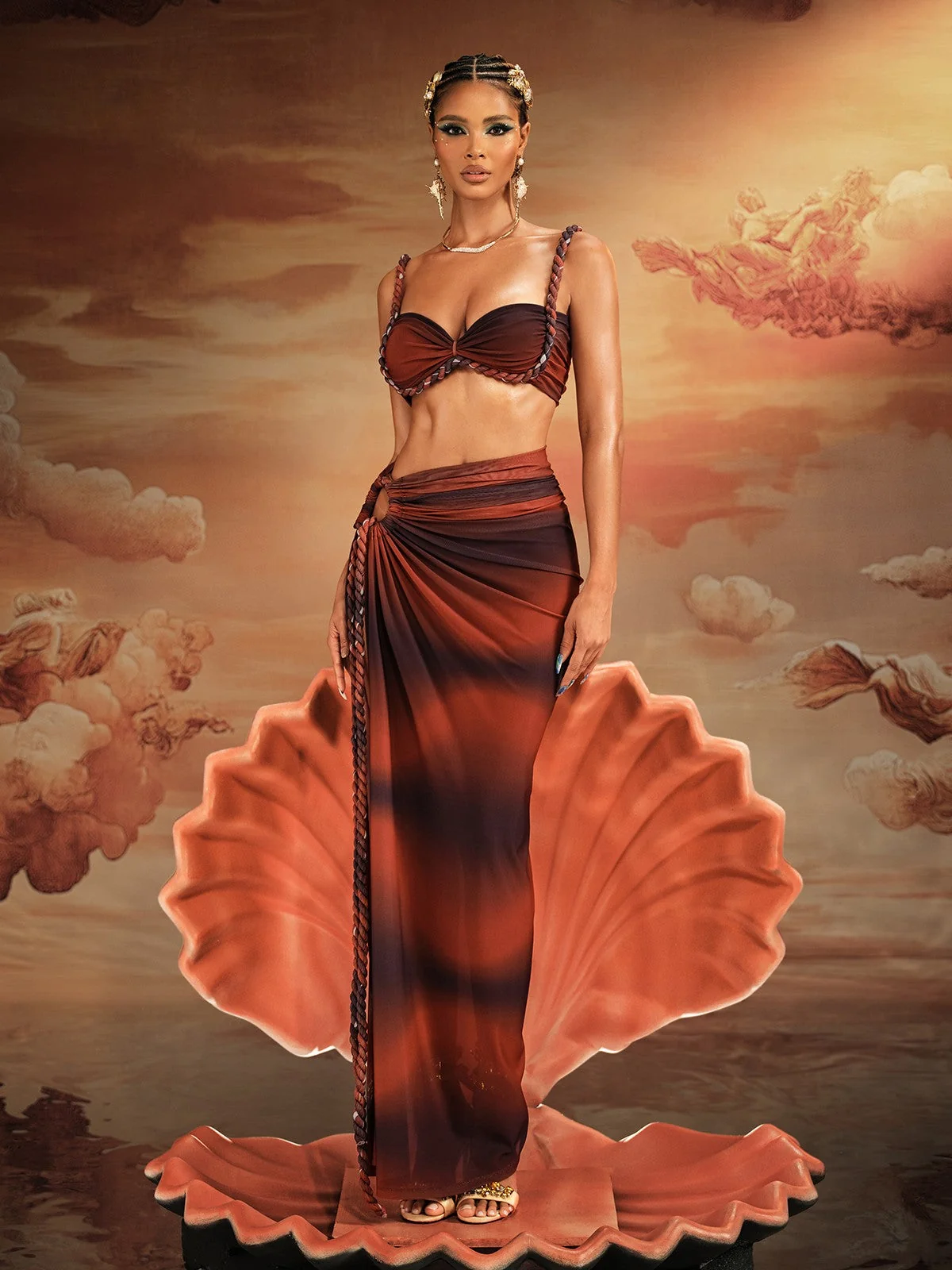 Ruched Spaghetti Strap Skirt Set in Brown Print