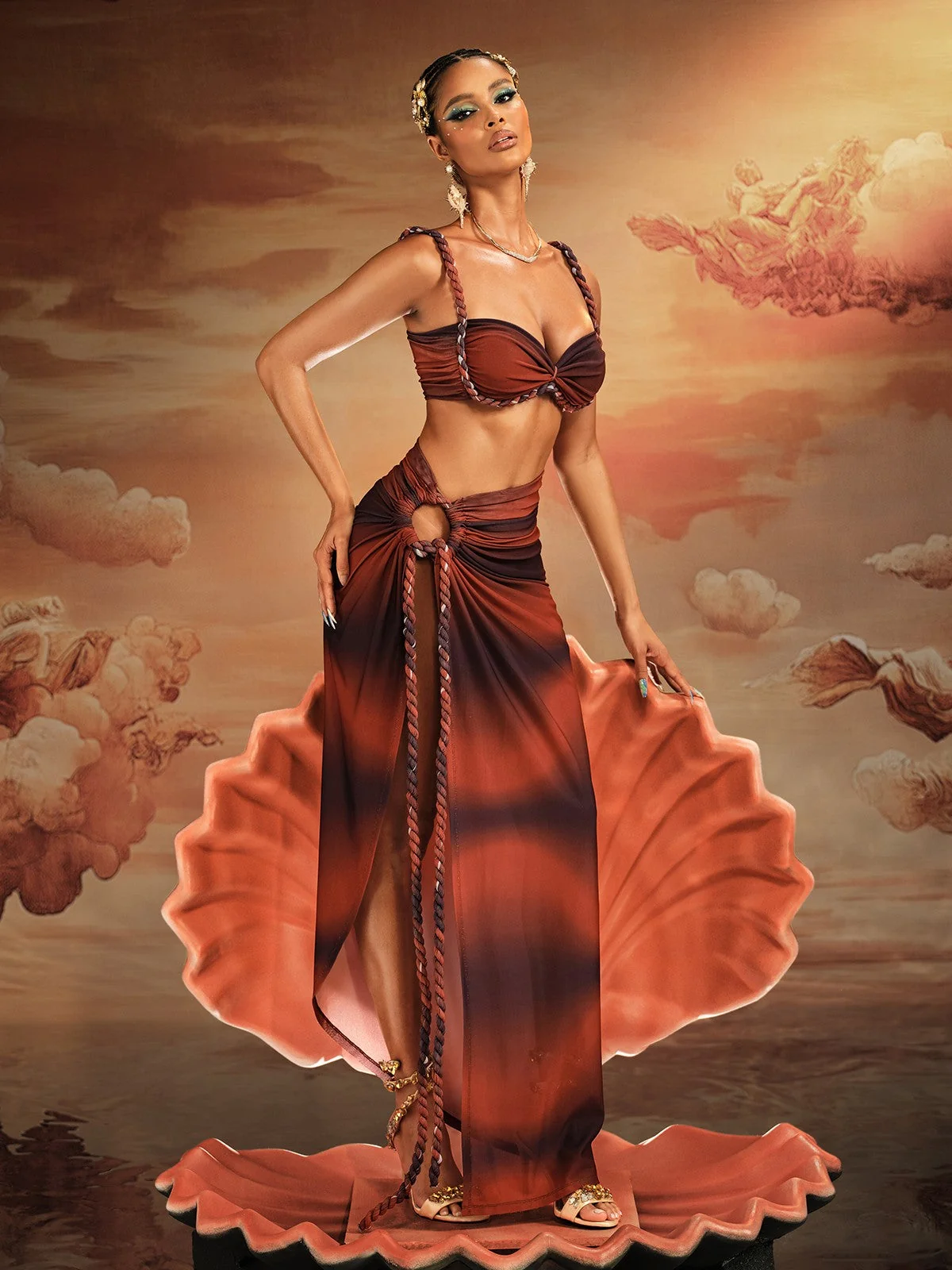 Ruched Spaghetti Strap Skirt Set in Brown Print