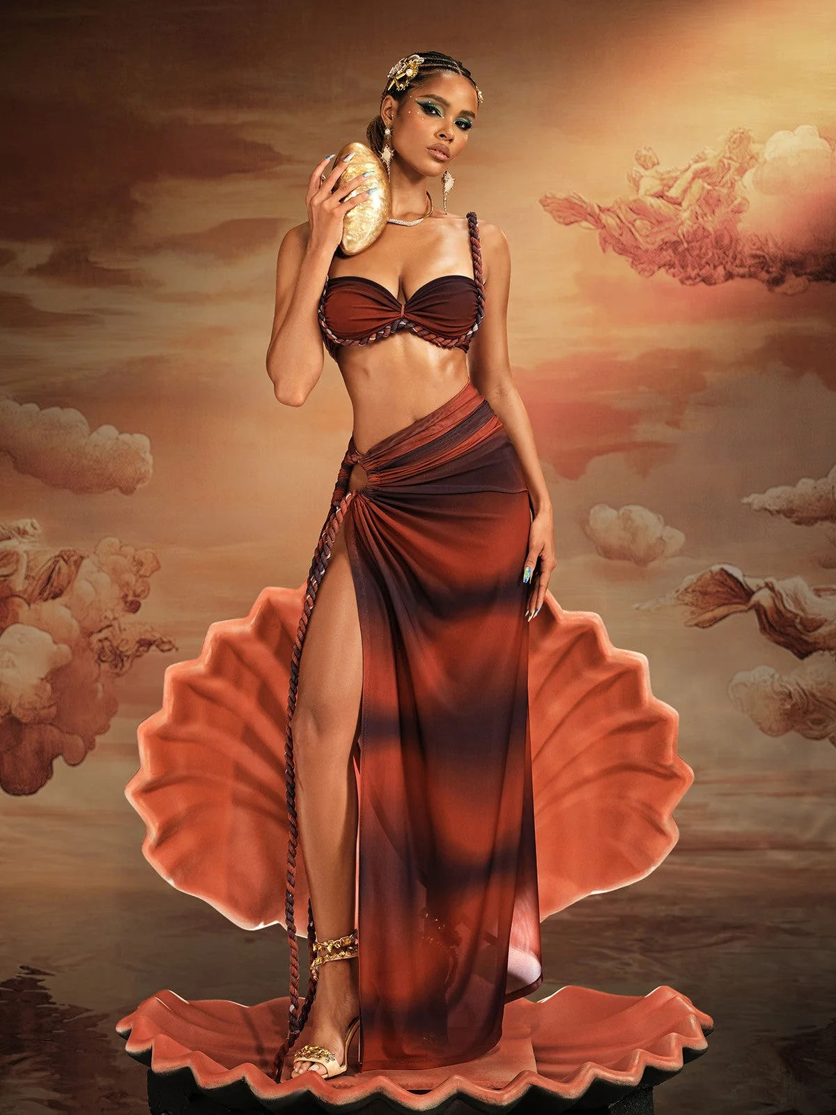 Ruched Spaghetti Strap Skirt Set in Brown Print