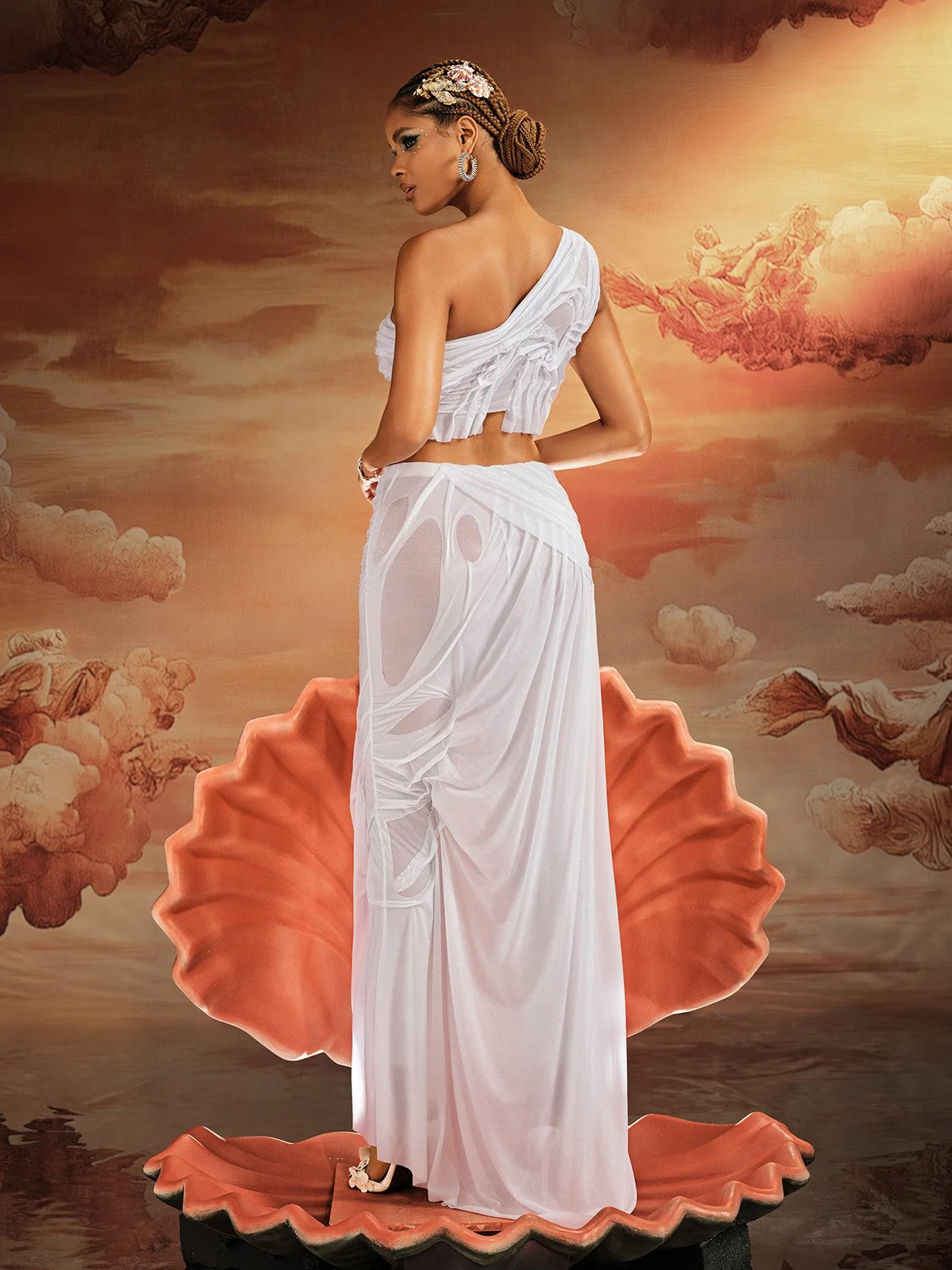 White One Shoulder Ruched Skirt Set - Elegant Evening Wear