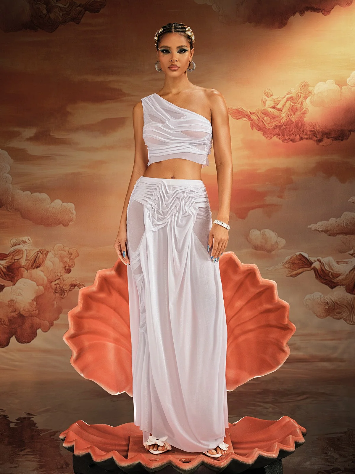 White One Shoulder Ruched Skirt Set - Elegant Evening Wear
