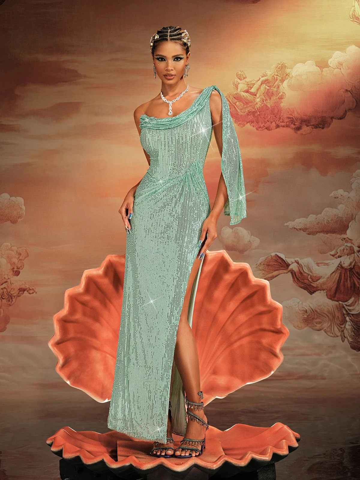 Green Sequin Maxi Dress with One Shoulder Design