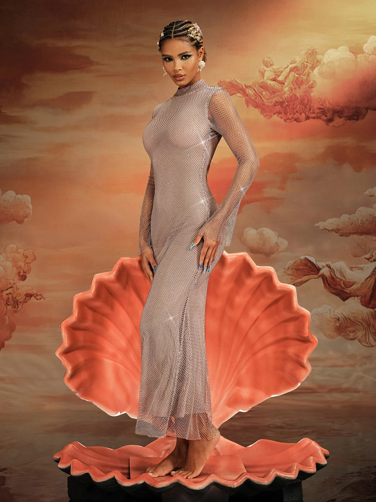 Crystal Embellished Long Sleeve Maxi Dress - Elegant & Sparkling