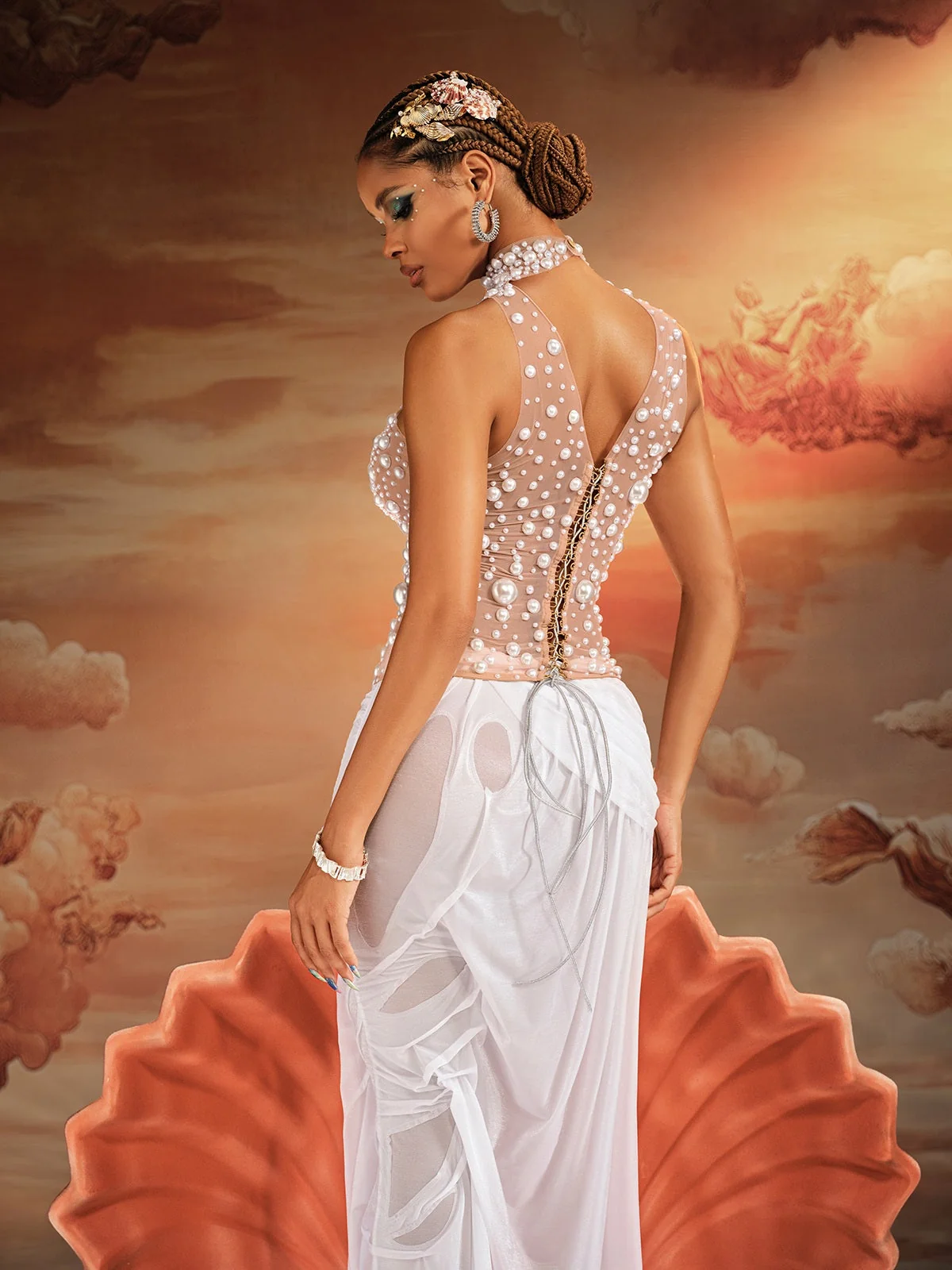 Elegant Pearl Lace-Up High Neck Mesh Top in White - Kunigunde