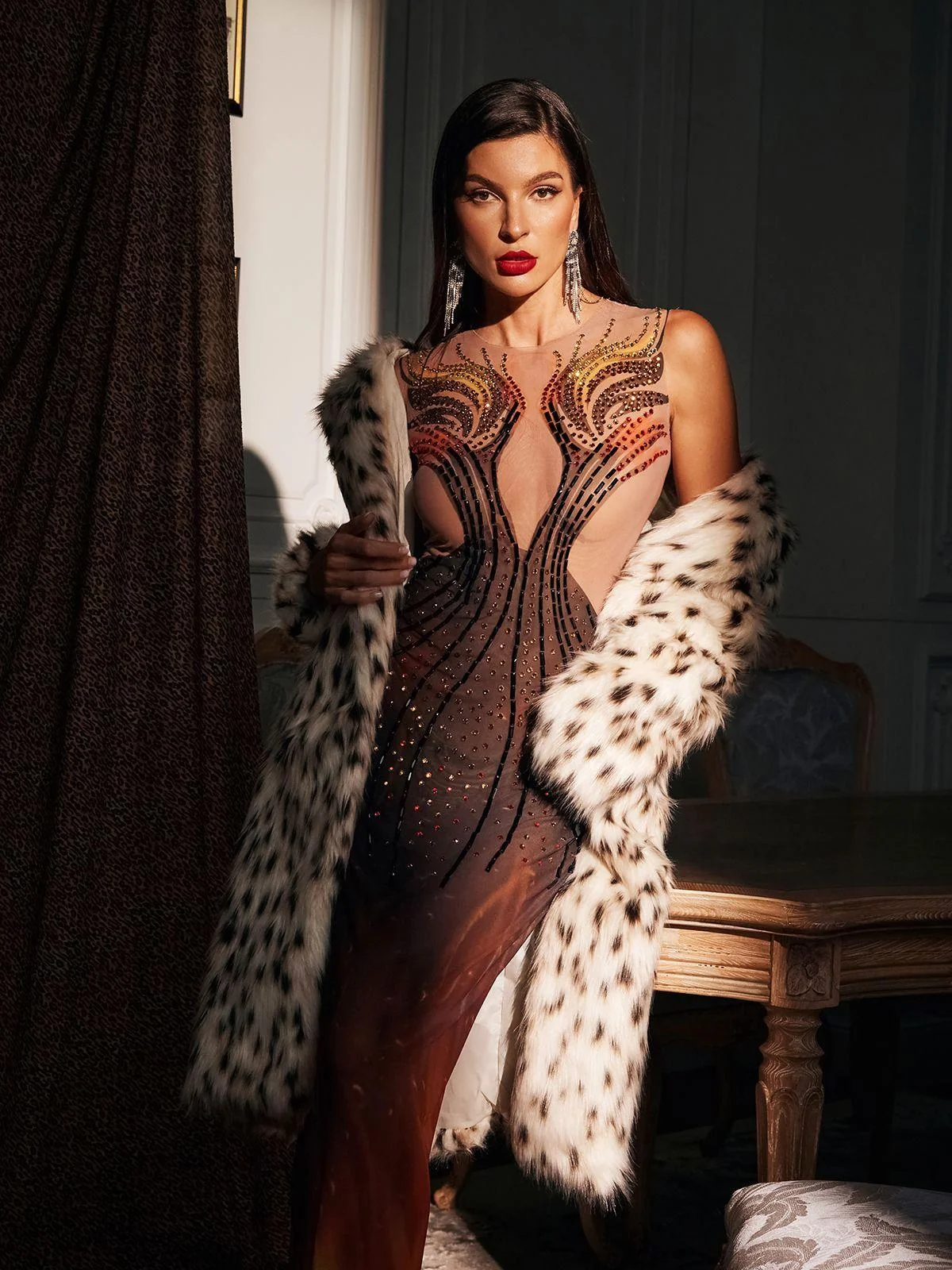 Sparkling Rhinestone Maxi Dress - Elegant Fire Print Style