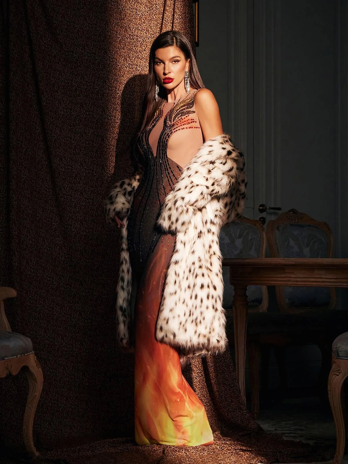 Sparkling Rhinestone Maxi Dress - Elegant Fire Print Style